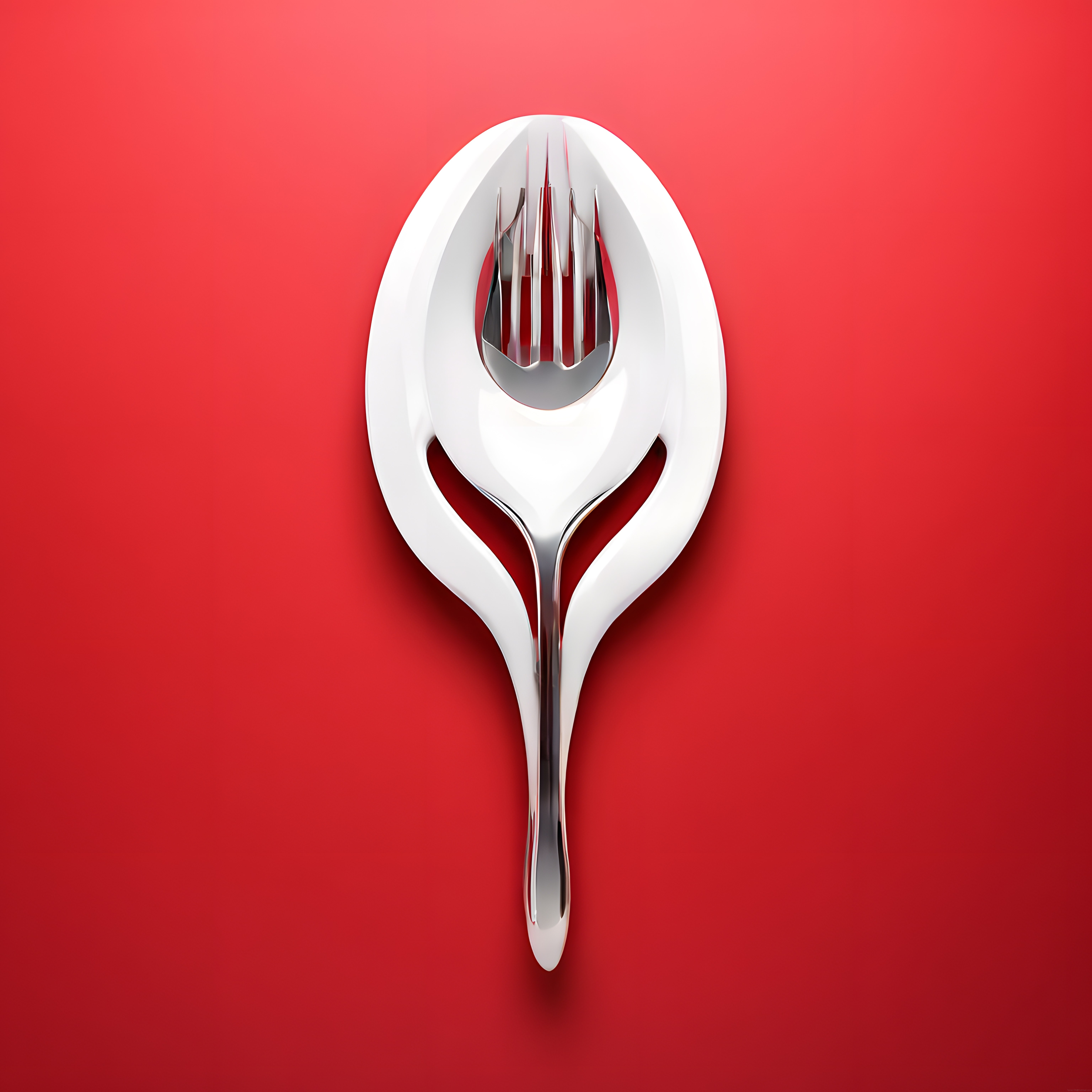 Kırmızı Fon Üzerinde Parlak Metal Spork ve Sofra Takımı Tasarımı