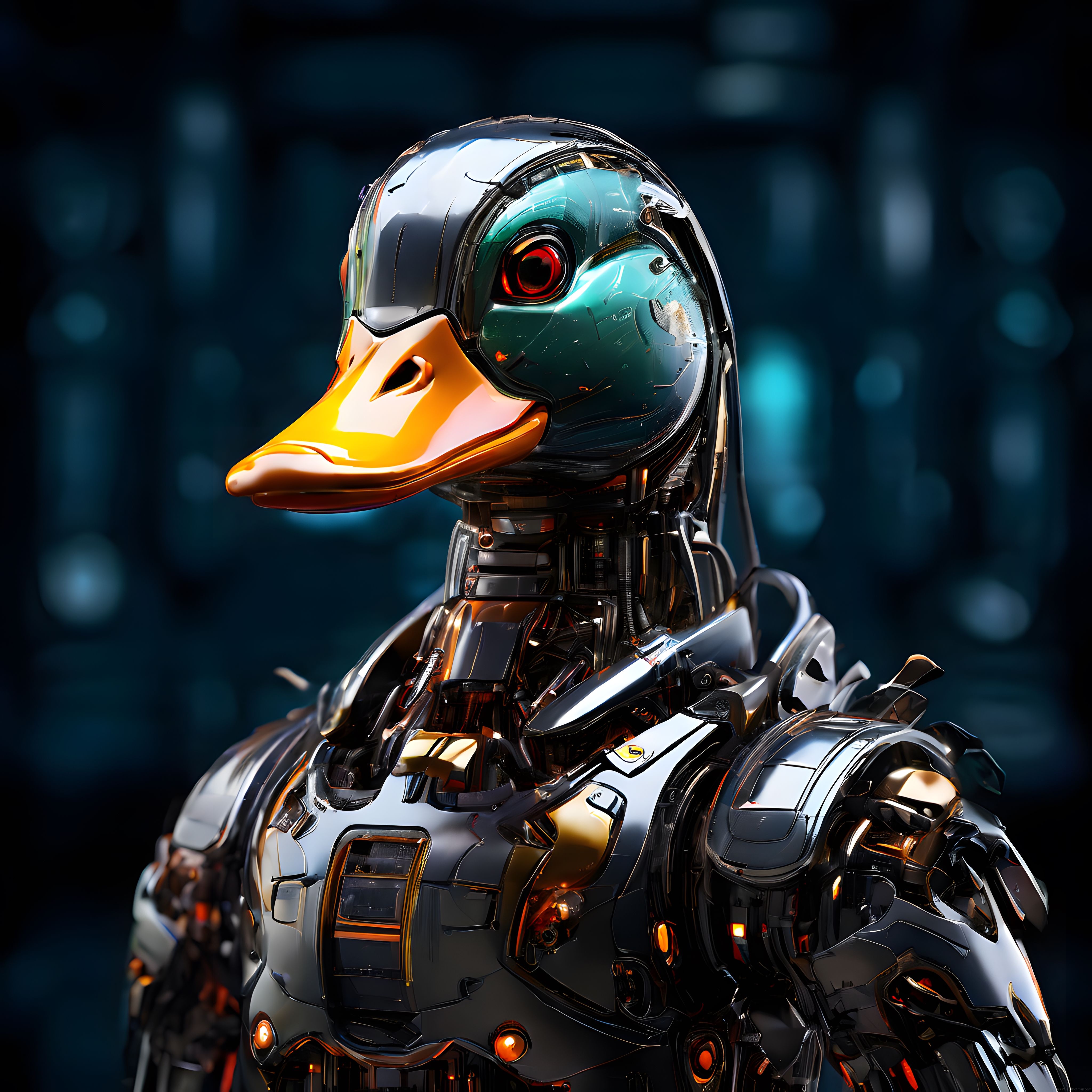 Kırmızı Gözleriyle Fütüristik Cyberpunk Metal Ördek Robot Portresi