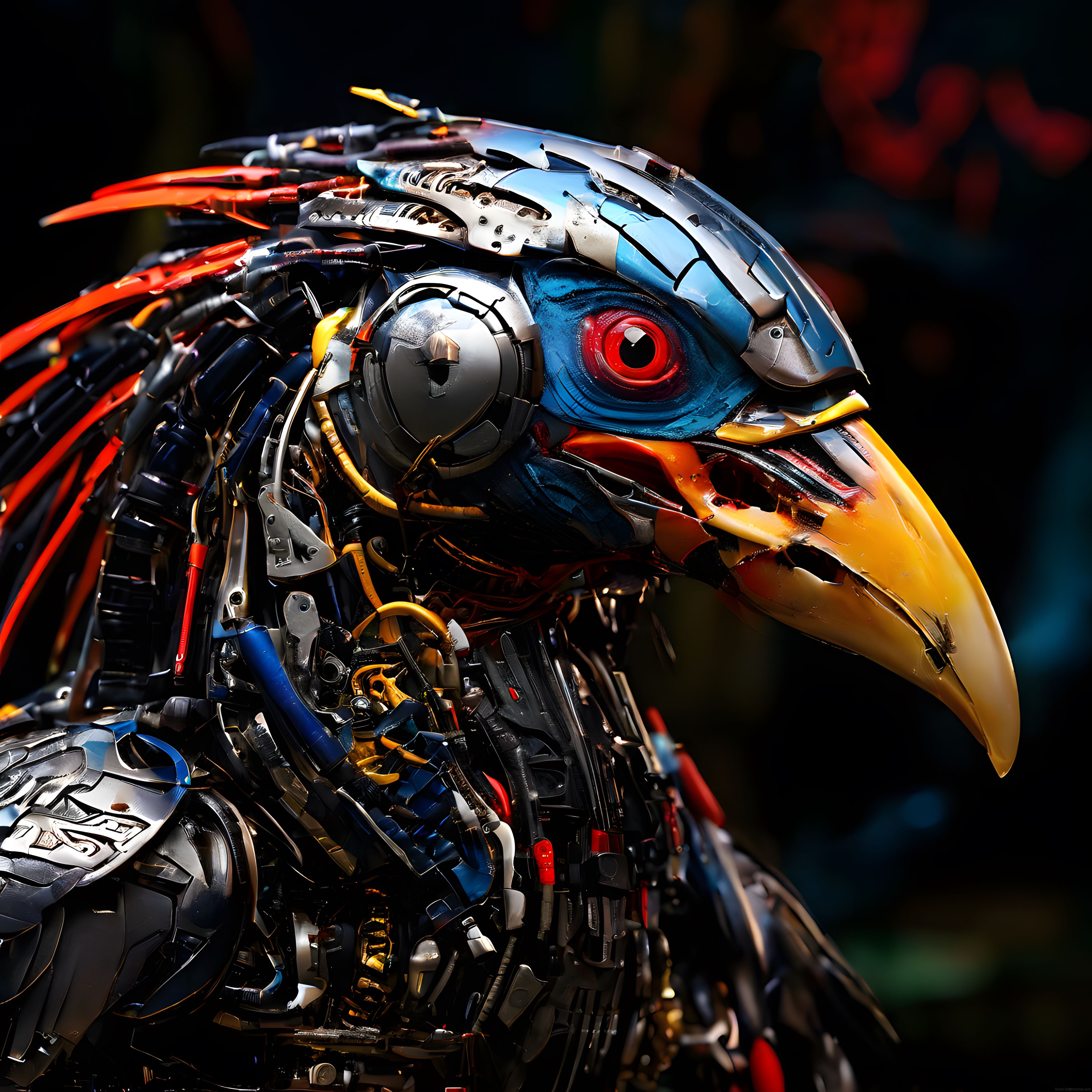 Kırmızı gözlü cyberpunk mekanik kartal robotu dijital sanat çalışması