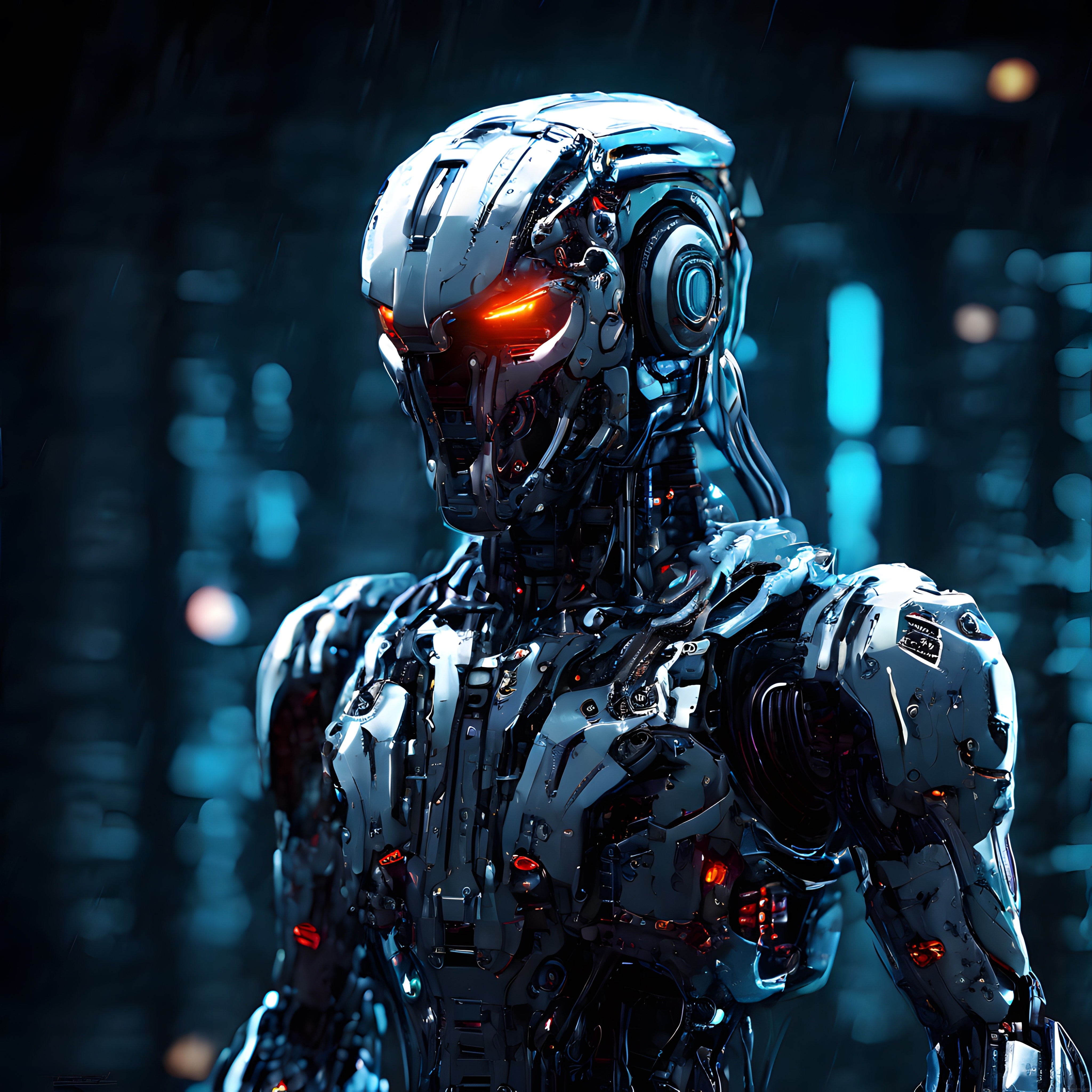 Kırmızı gözlü cyberpunk robot yağmurlu neon ışıklı karanlık gelecekte hükmediyor