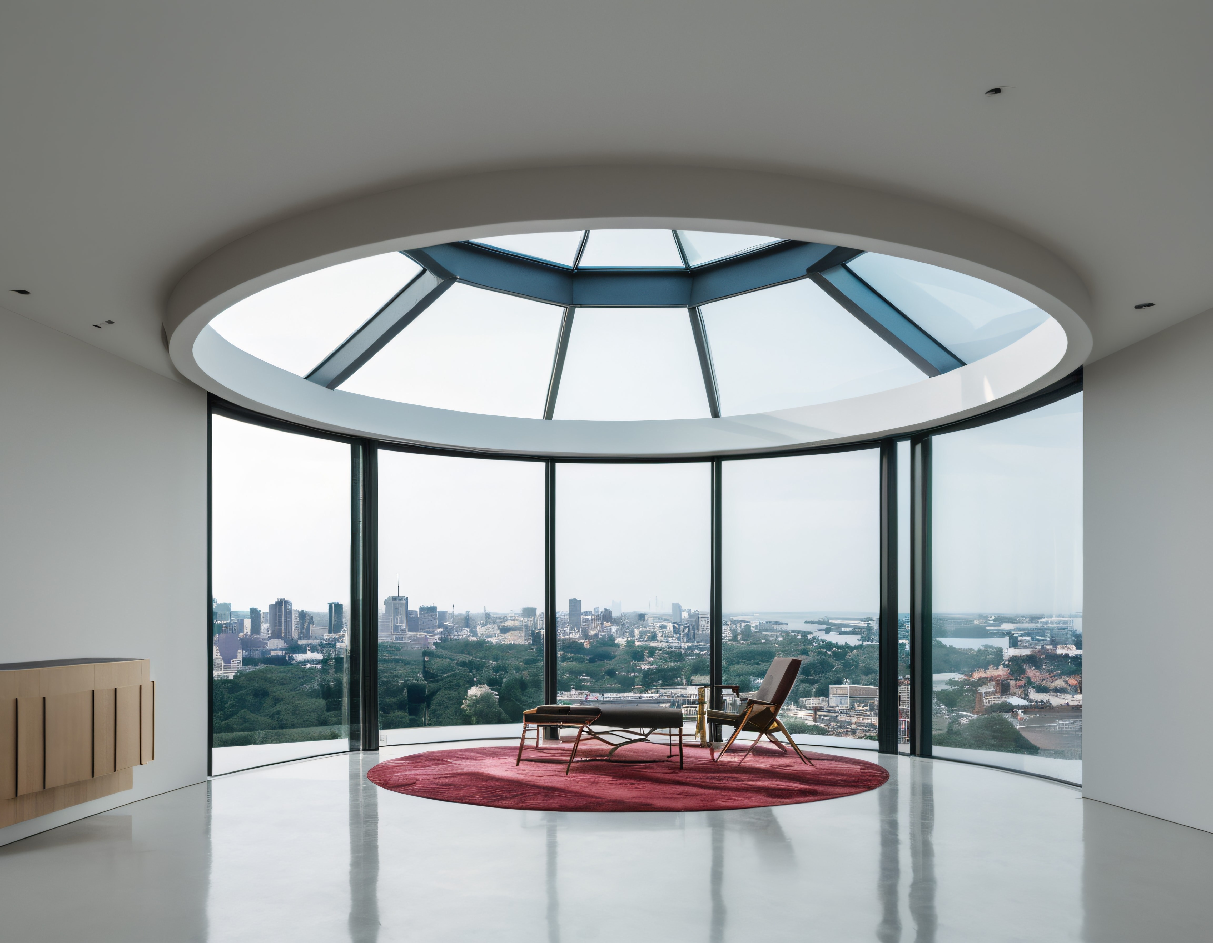 Kırmızı Halılı Modern Penthouse'da Panoramik Cam Duvar ve Şehir Manzarası