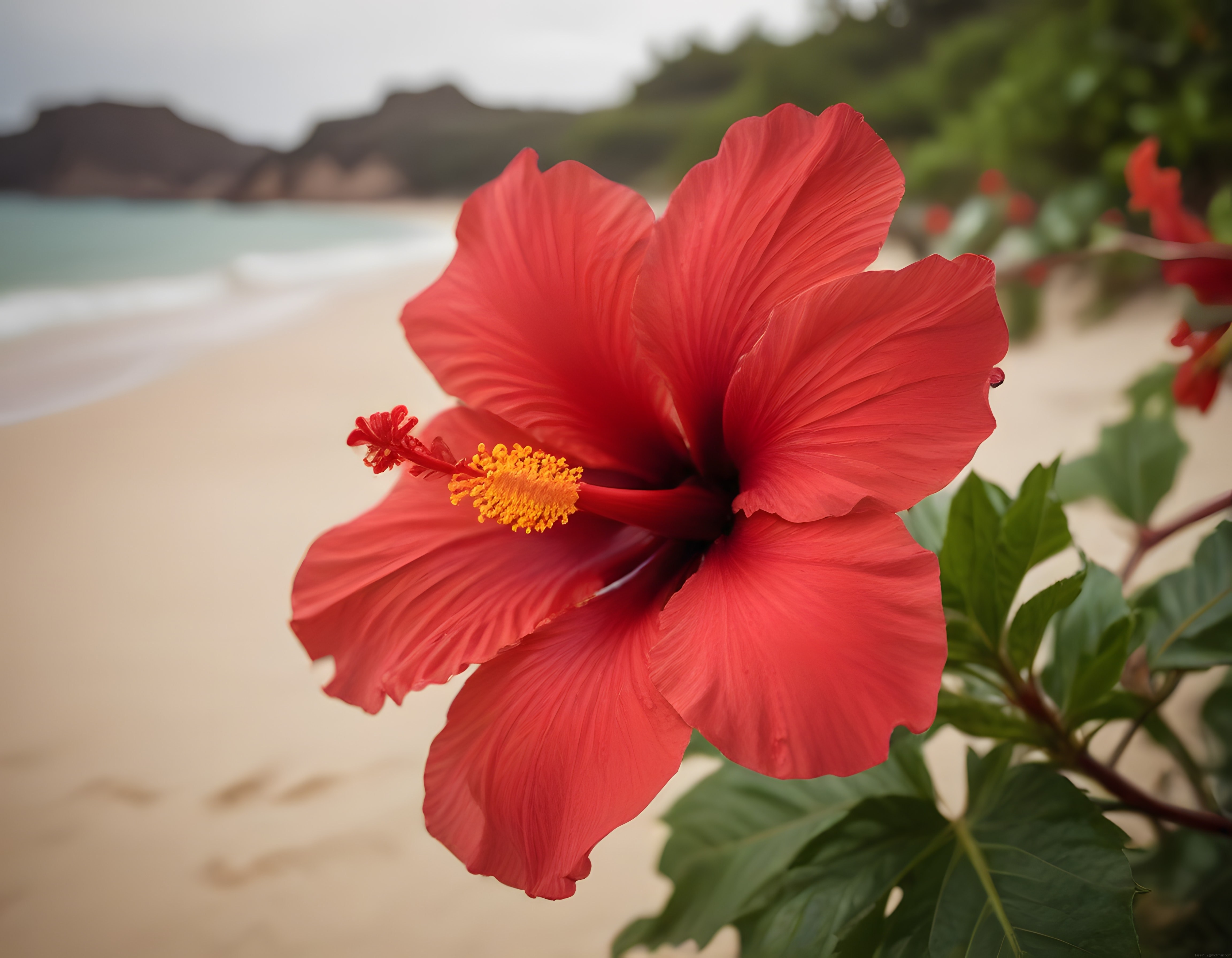 Kırmızı Hibiskus Çiçeği Ön Planda, Arka Planda Kum ve Deniz Manzarası