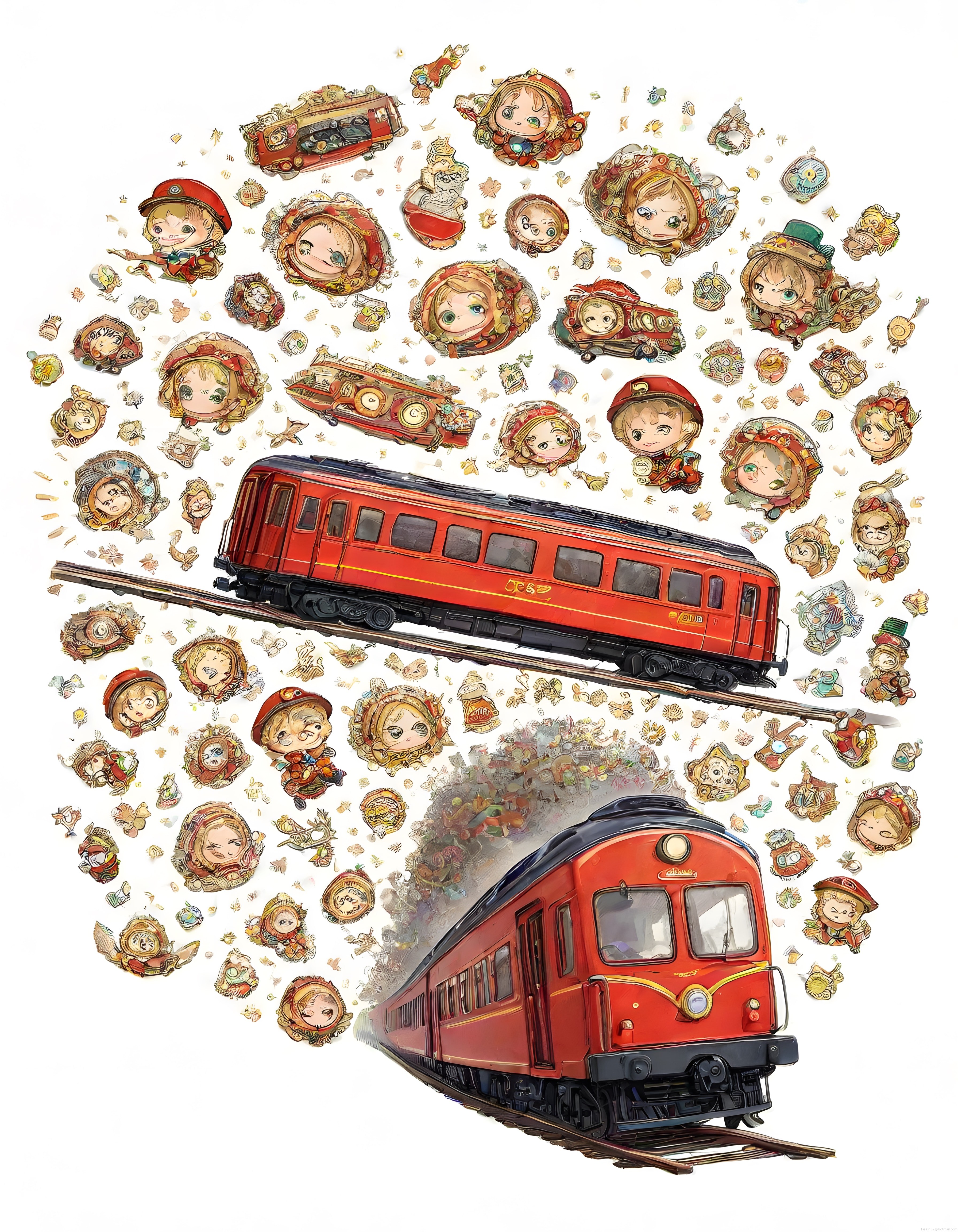 Kırmızı Hogwarts Treni ve Uçan Chibi Karakterlerle Büyülü Dijital İllüstrasyon
