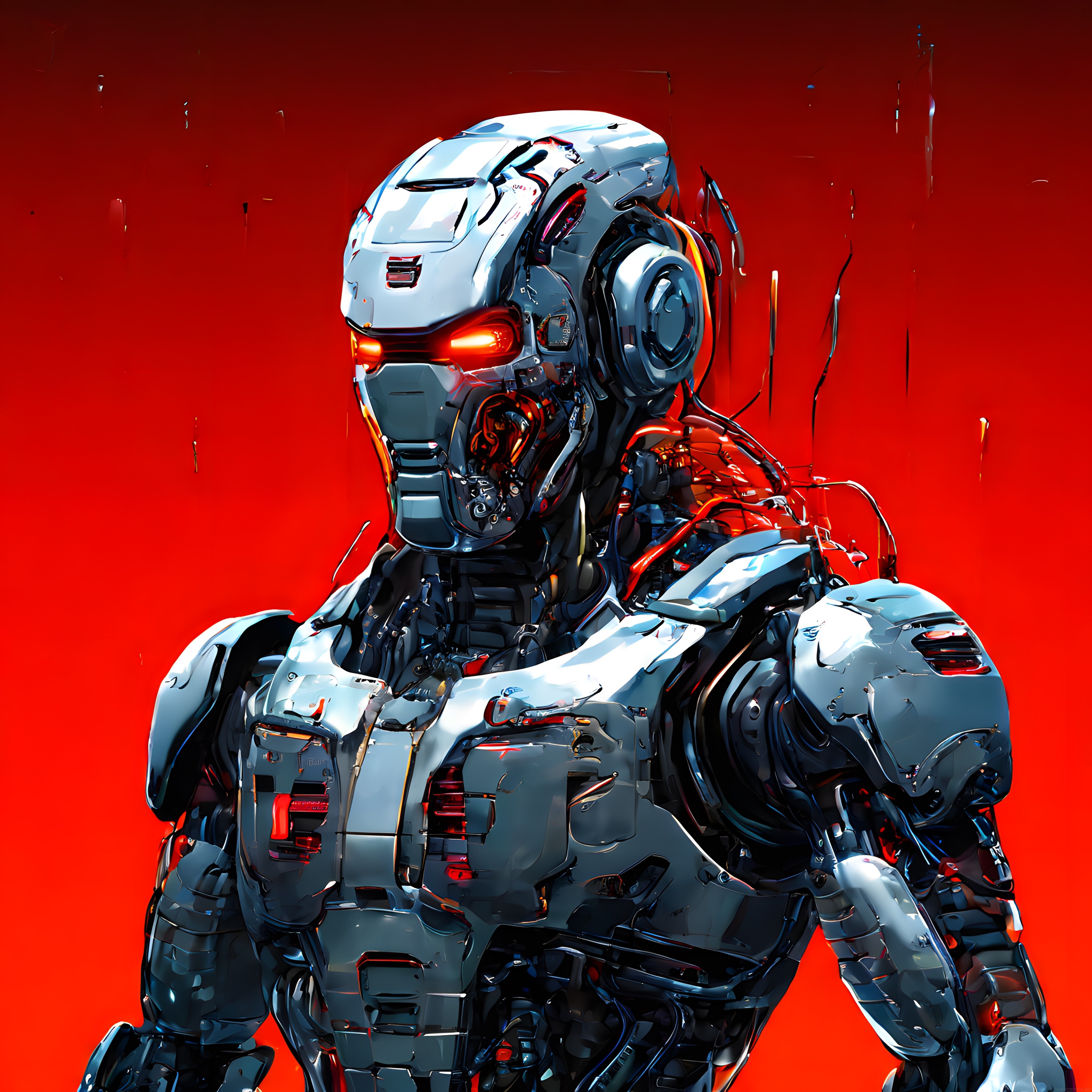 Kırmızı Işıklı Arka Planda Geleceğin İnsansı Metalik Robot Portresi