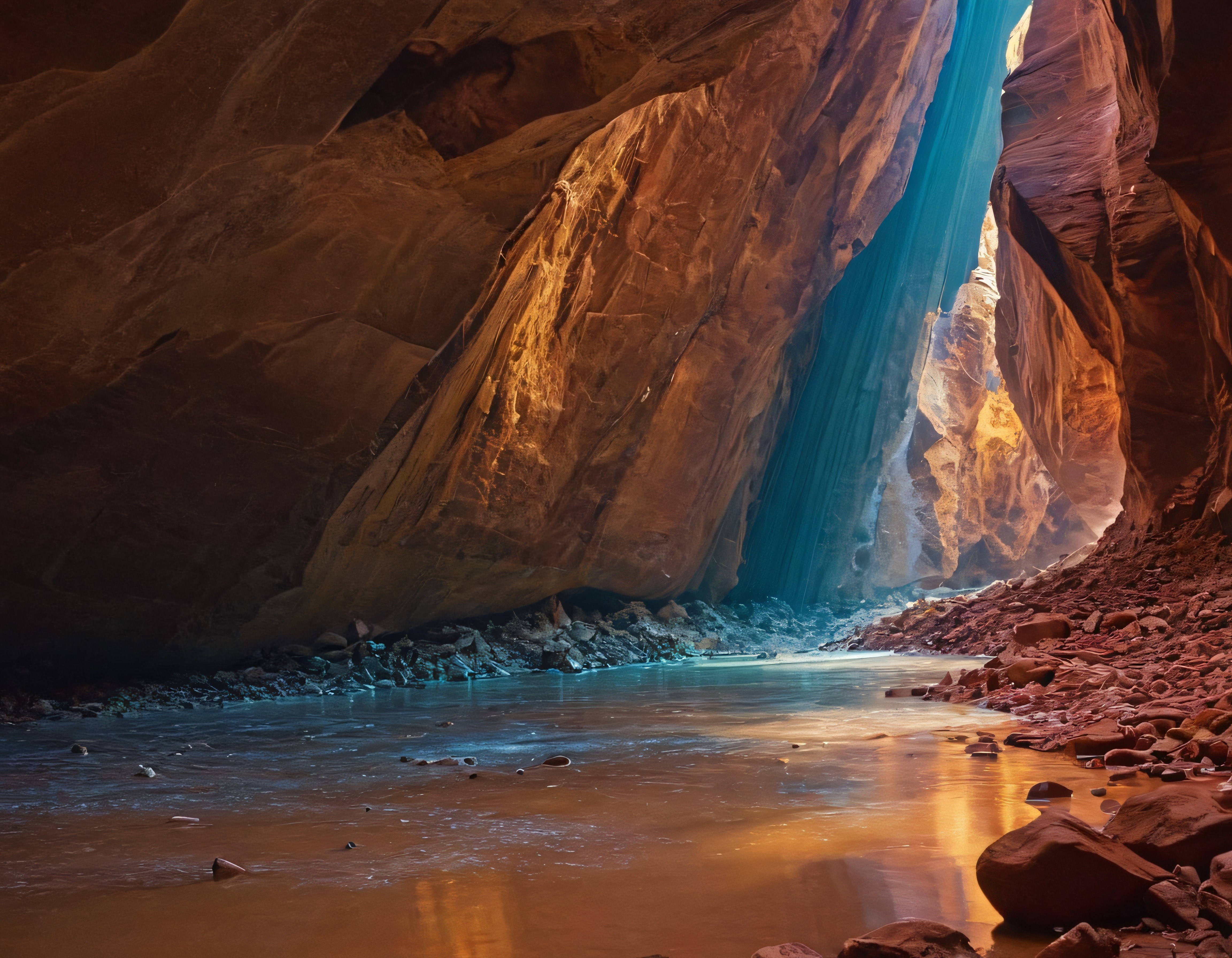 Kırmızı Kaya Duvarları ve Sakin Sular ile Gizemli Bir Kanyon Manzarası
