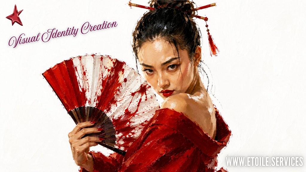 Kırmızı Kimono ve Yelpaze ile Japon Tarzı Dijital Sanat Portresi: Görsel Kimlik Tasarımı