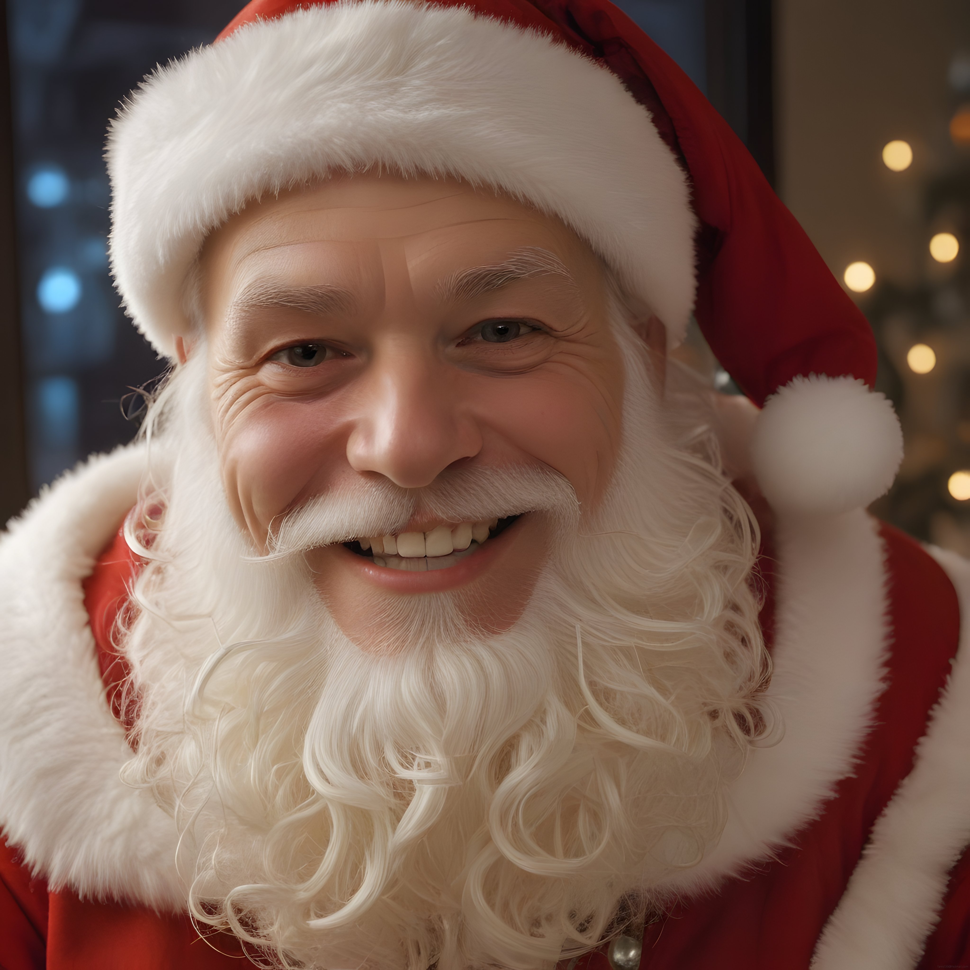 Kırmızı Kıyafetli Gülümseyen Noel Baba Portresi ve Sıcak Yılbaşı Işıkları