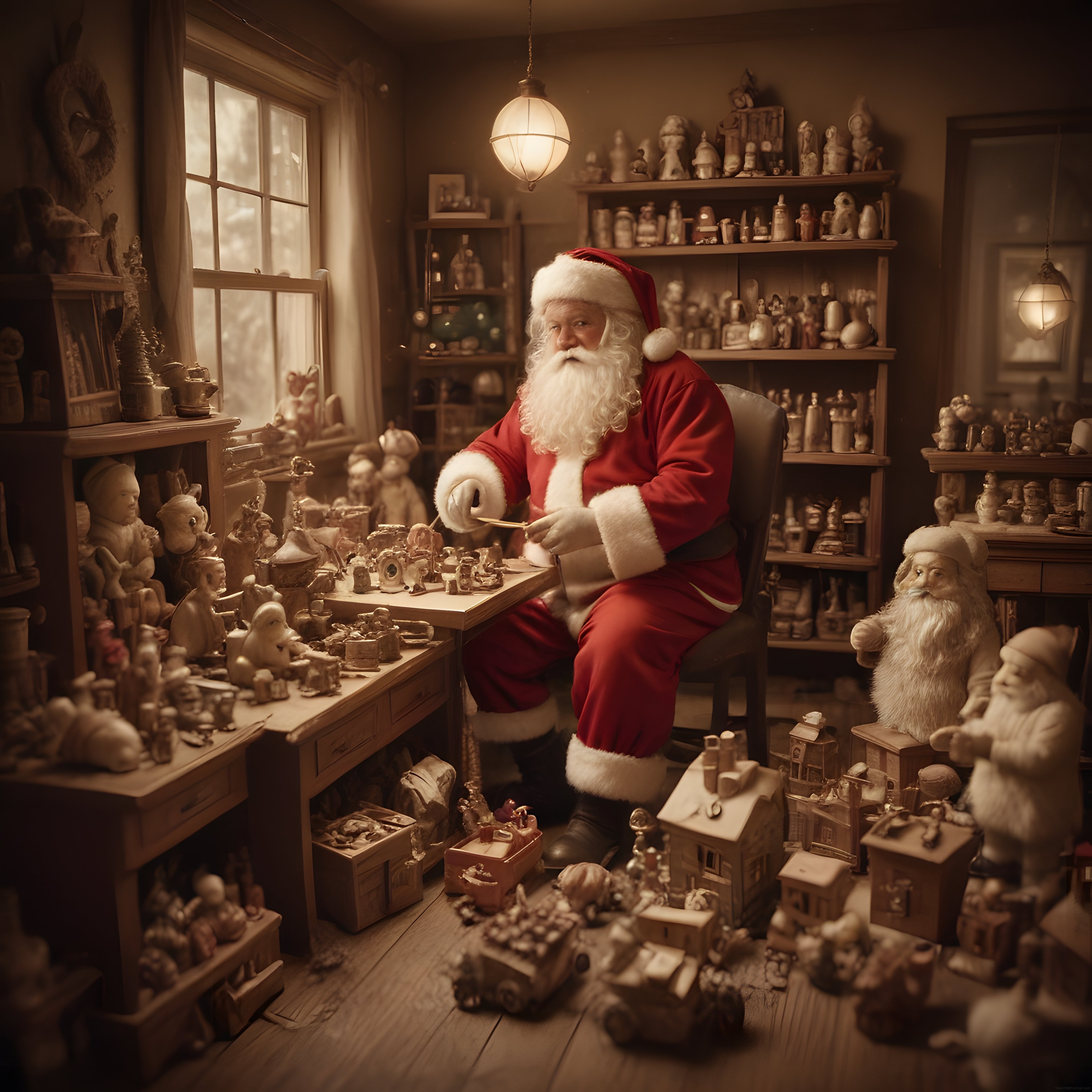 Kırmızı kıyafetli Noel Baba oyuncak atölyesinde eski model oyuncaklar yapıyor