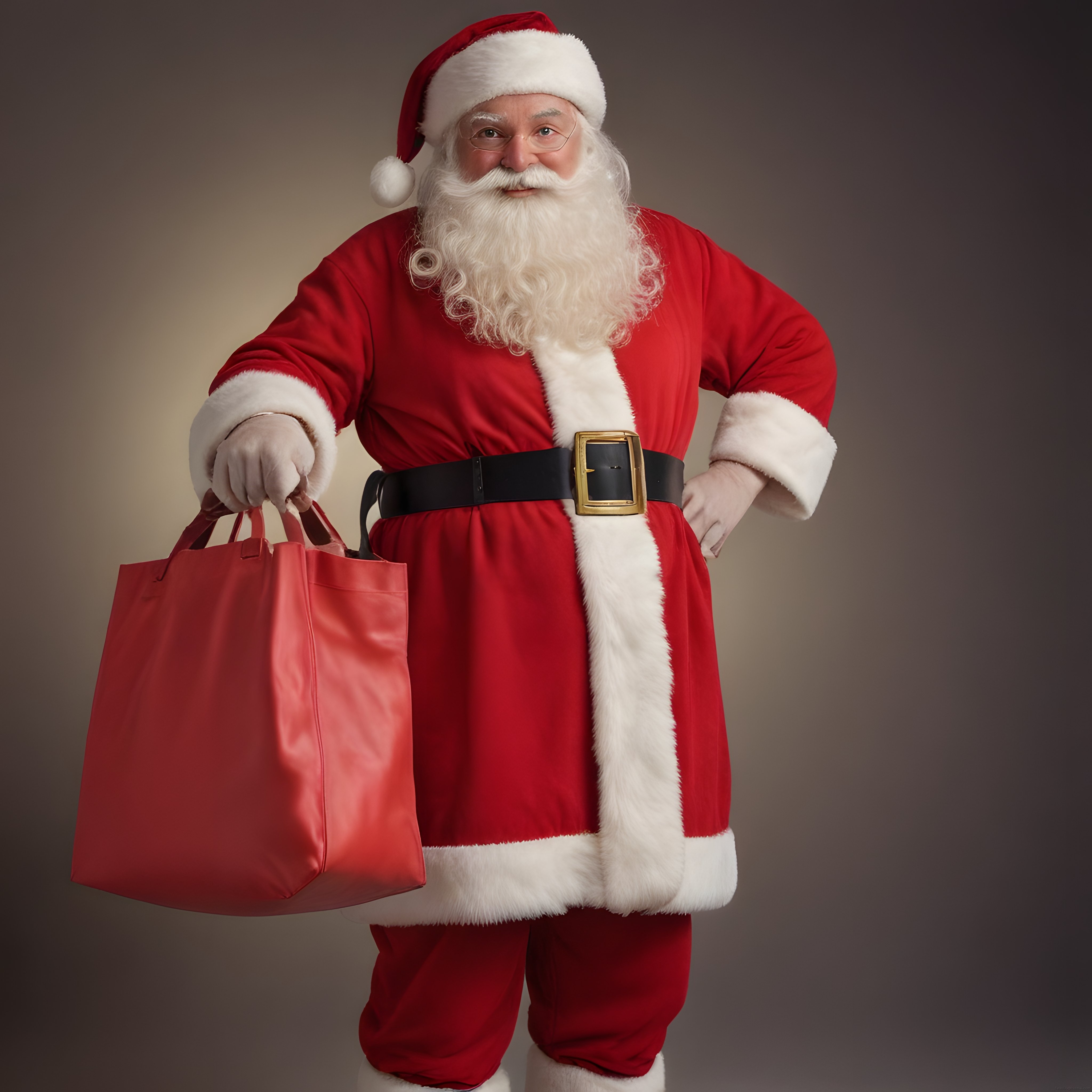 Kırmızı Kostümlü Noel Baba Alışveriş Çantasıyla Stüdyo Pozu Veriyor