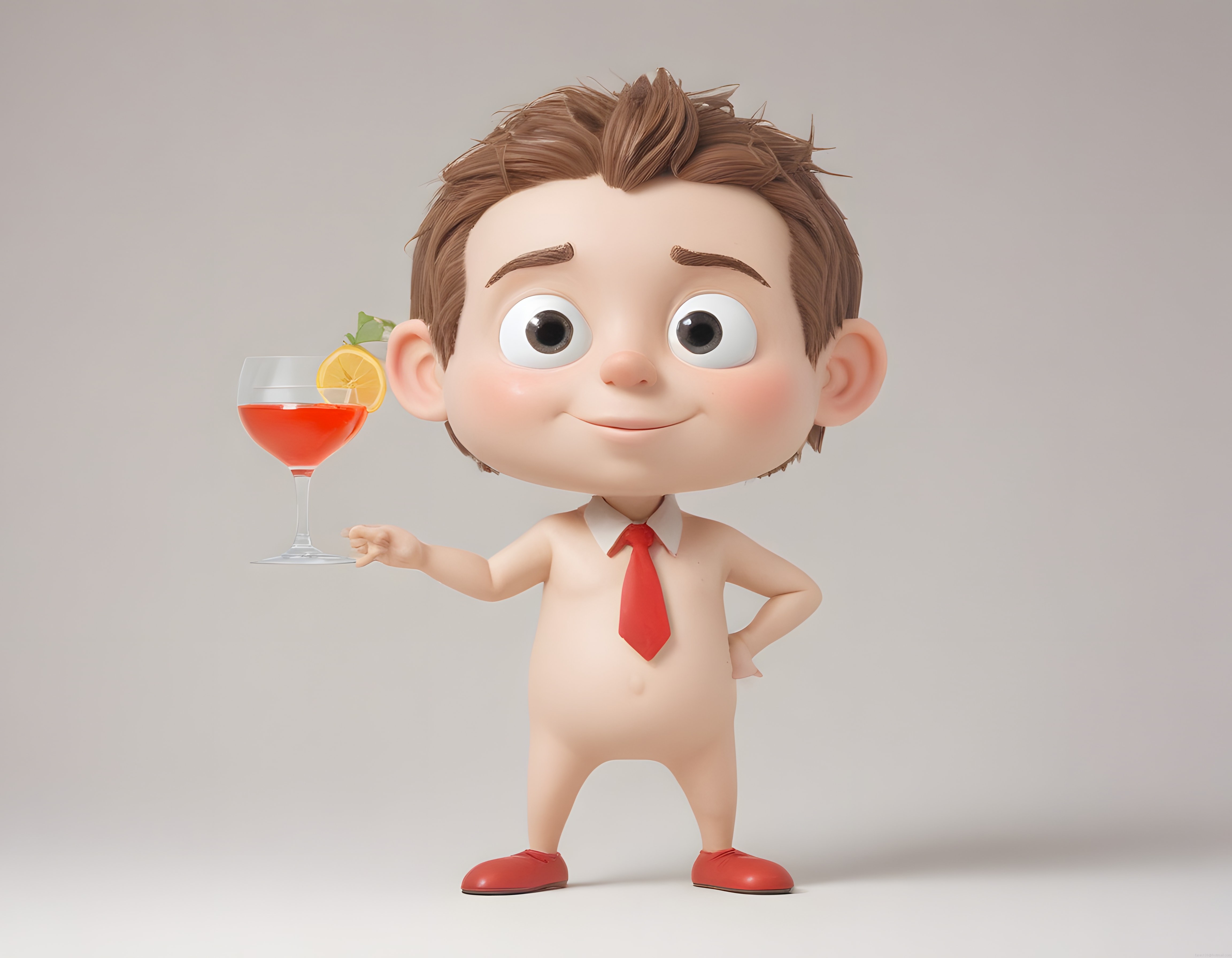 Kırmızı Kravatlı 3D Çizgi Film Bebeği Elinde Kokteyl Bardağıyla Poz Veriyor