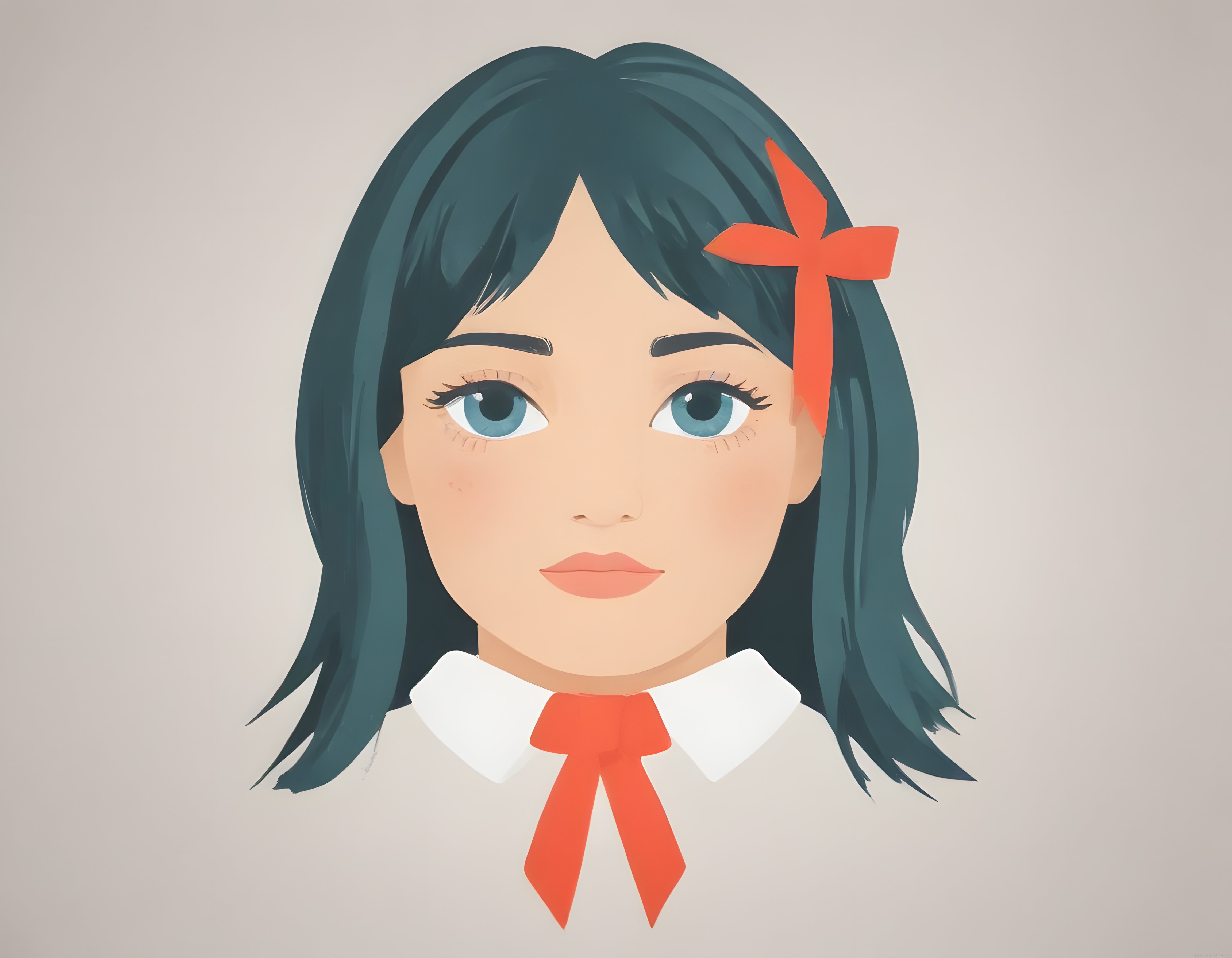Kırmızı Kurdele ve Fularlı Genç Kızın Dijital Anime Portre İllüstrasyonu