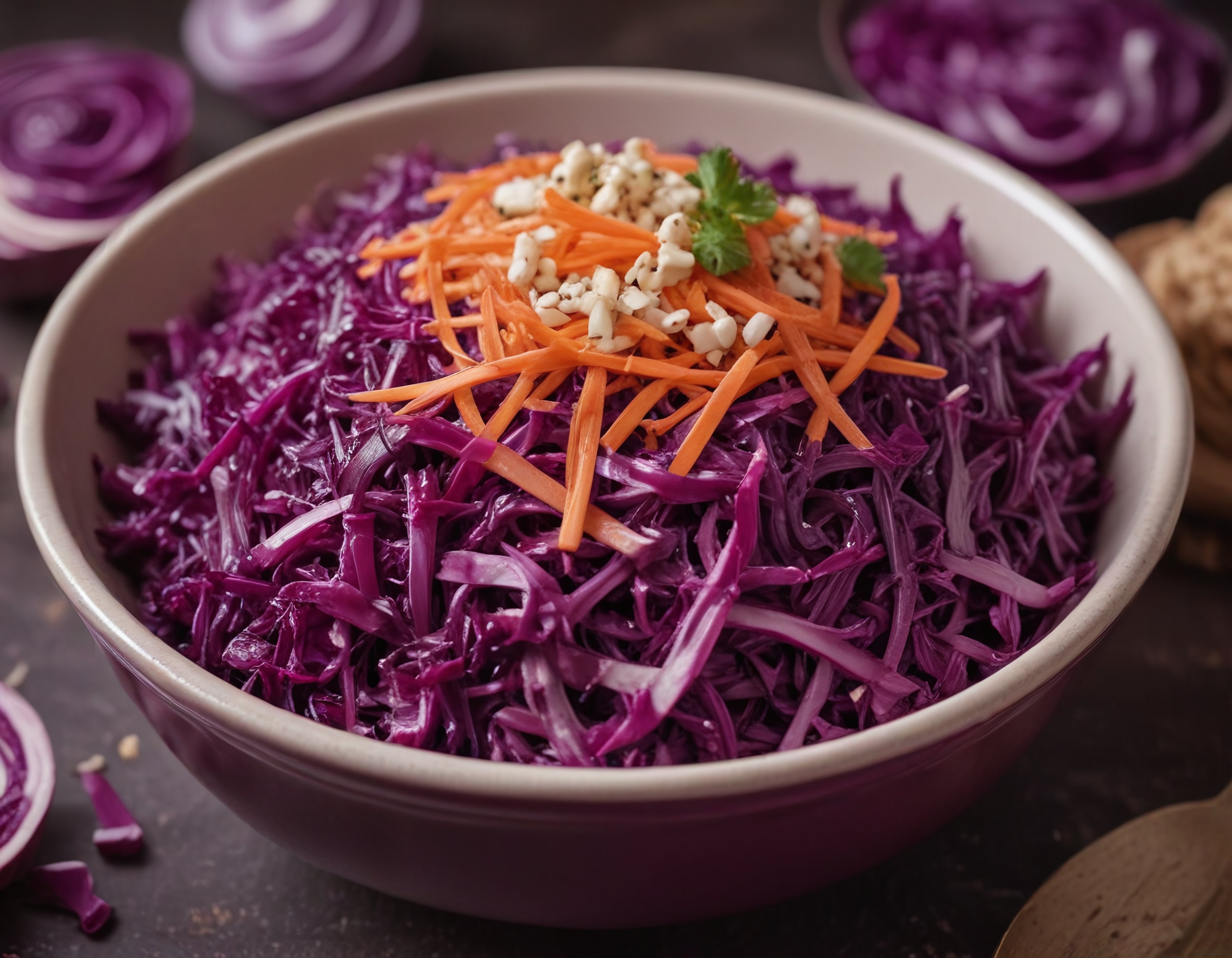 Kırmızı lahana salatası: Mor lahana, havuç ve beyaz peynirli renkli meze kasesi