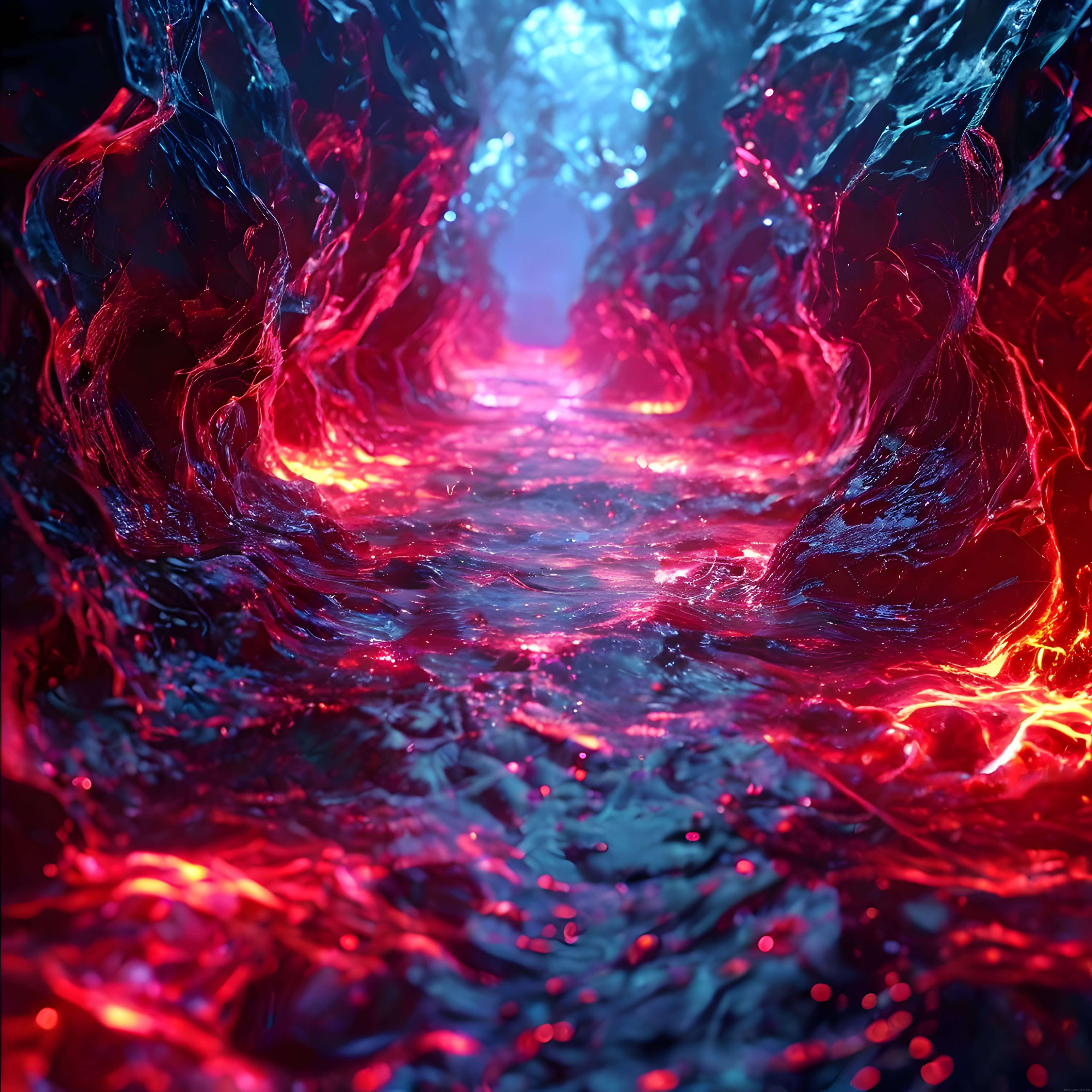 Kırmızı Mavi Neon Işıklarla Aydınlanmış Büyüleyici Soyut Mağara Derinliği