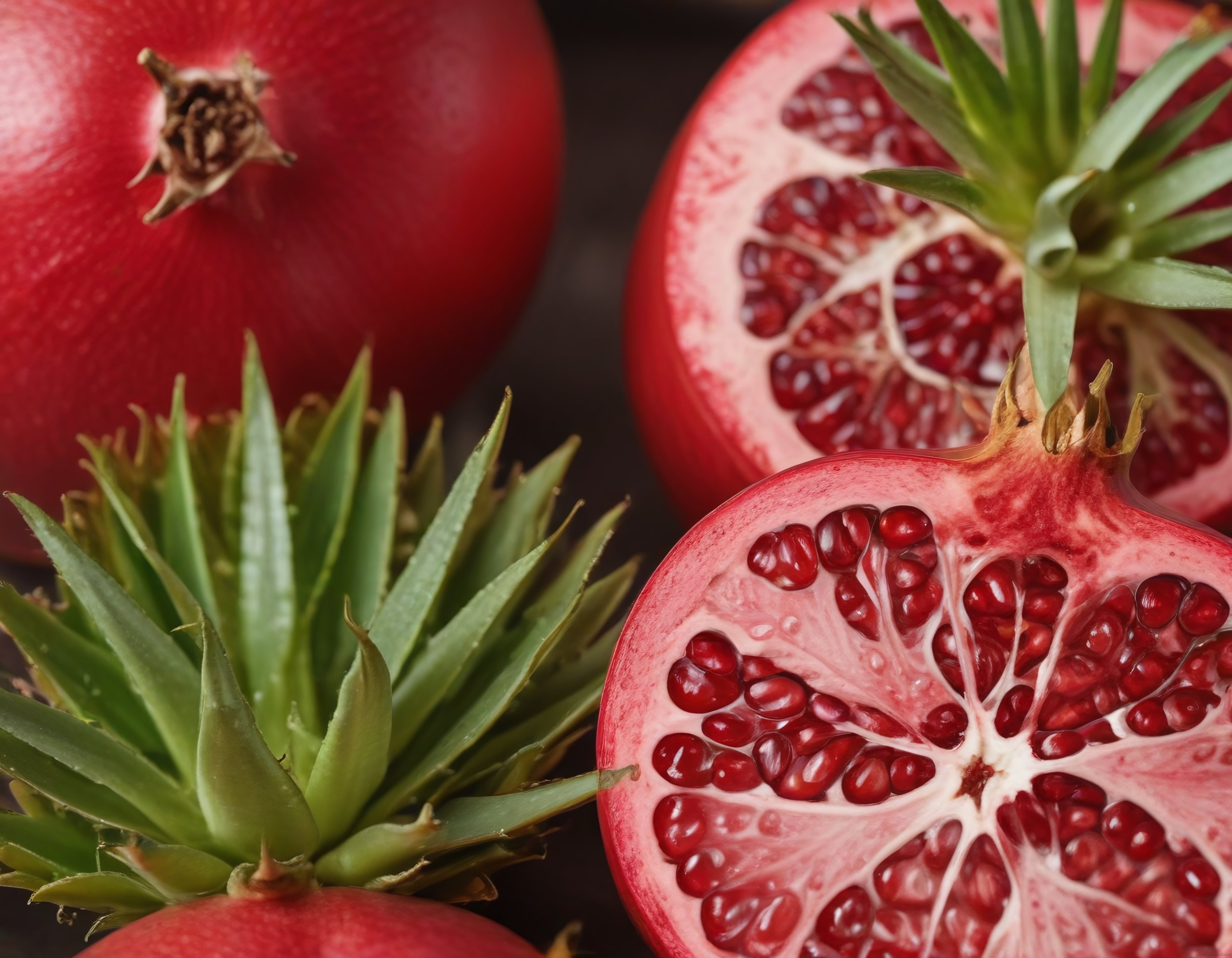 Kırmızı nar taneleri ve yeşil aloe vera yaprakları doğal kompozisyon
