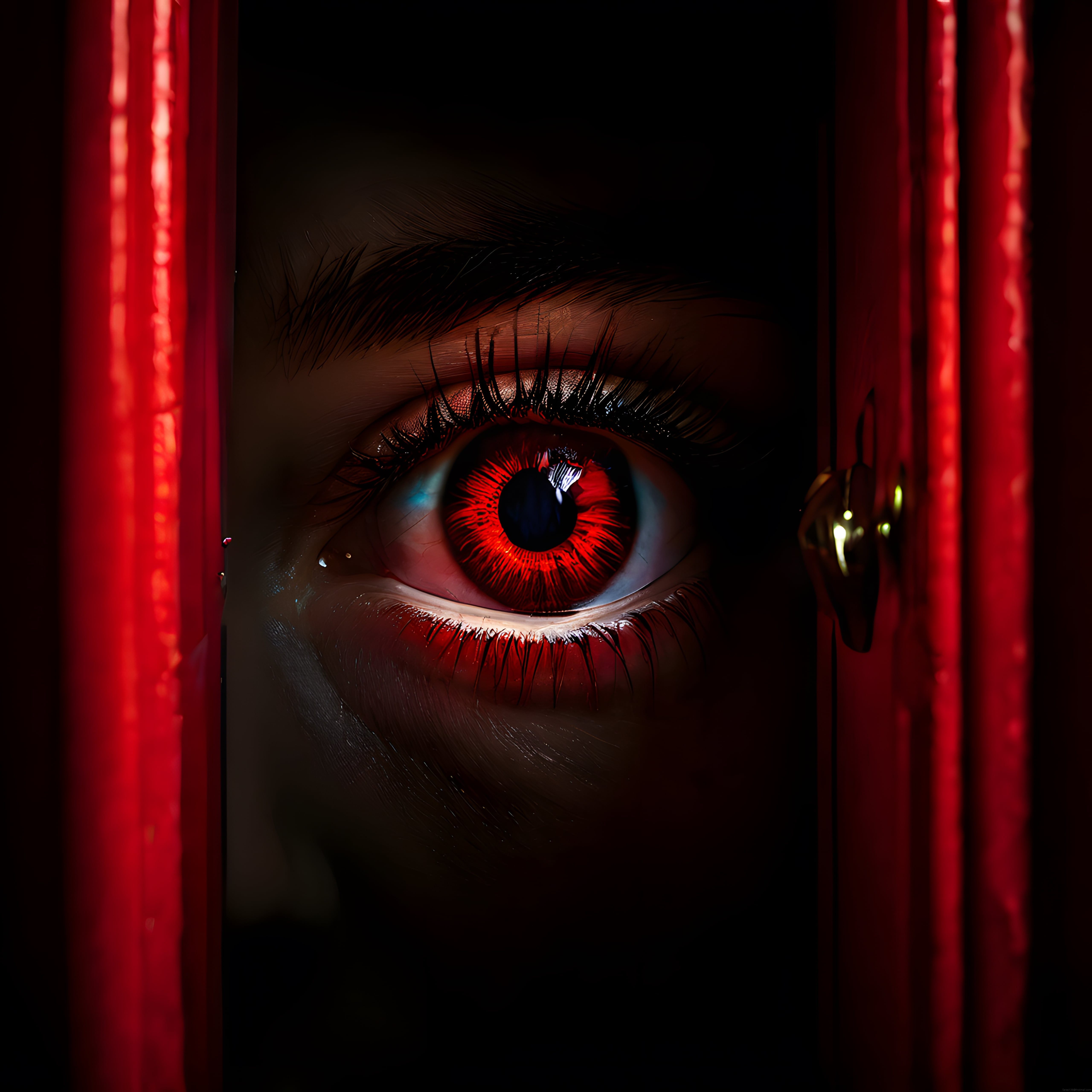 Kırmızı neon ışıklar arasında gizemli bir cyberpunk göz portresi