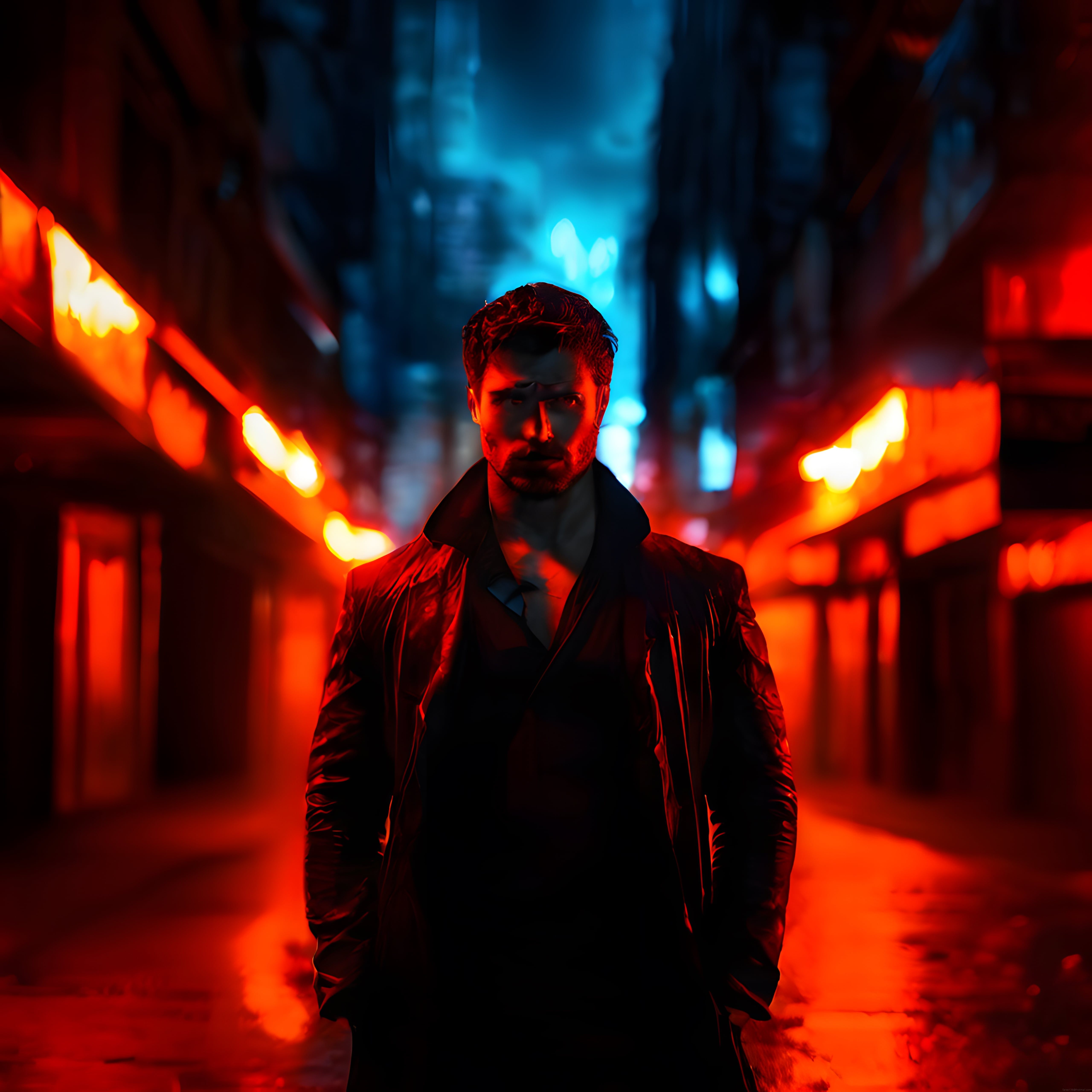 Kırmızı Neon Işıklarıyla Aydınlatılmış Gizemli Bir Gece Sokağında Duran Adam