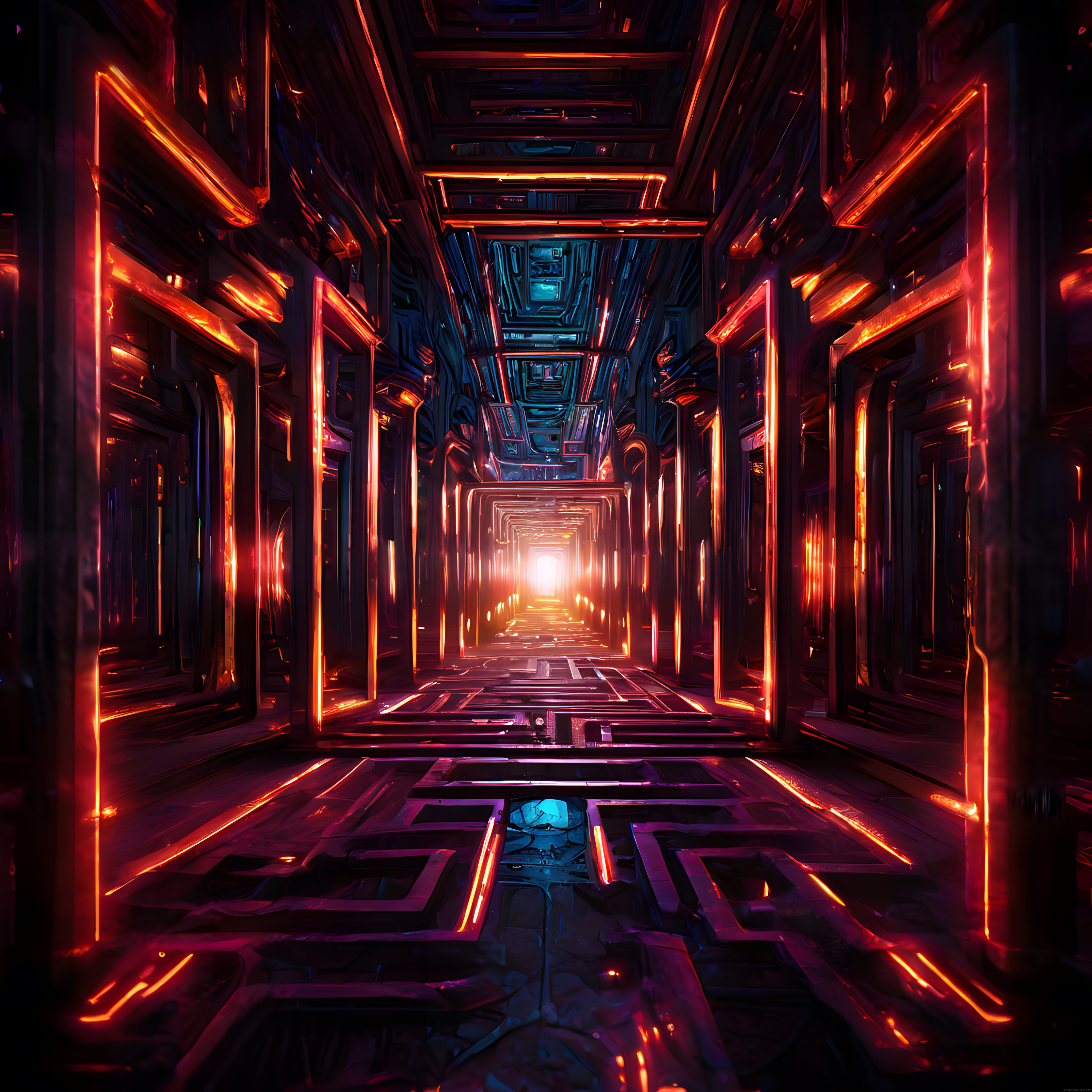 Kırmızı Neon Işıklarla Kaplanmış Cyberpunk Bilim Kurgu Koridoru ve Derinlik