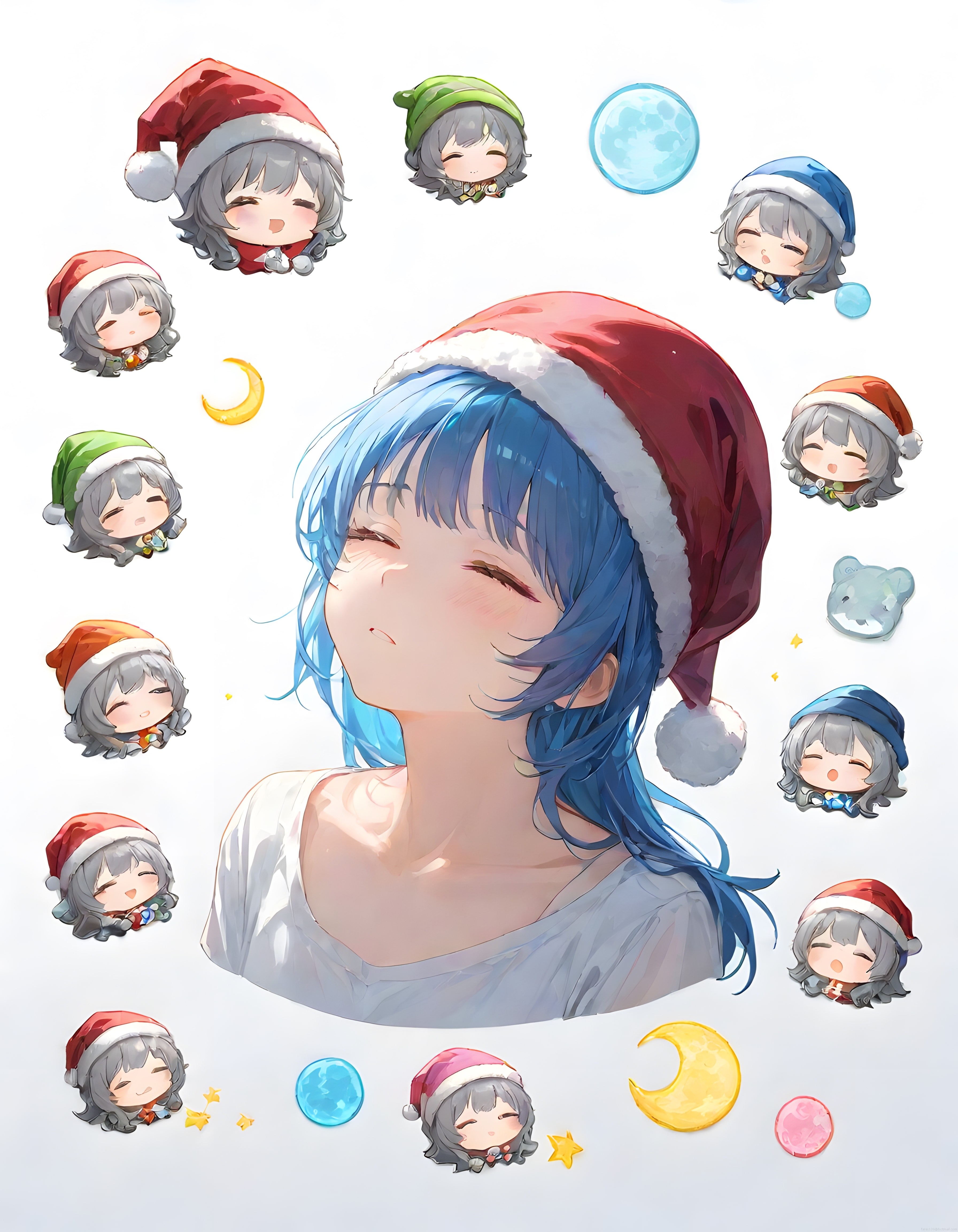 Kırmızı Noel Şapkalı Mavi Saçlı Anime Kız ve Chibi Avatarlar Çizimi