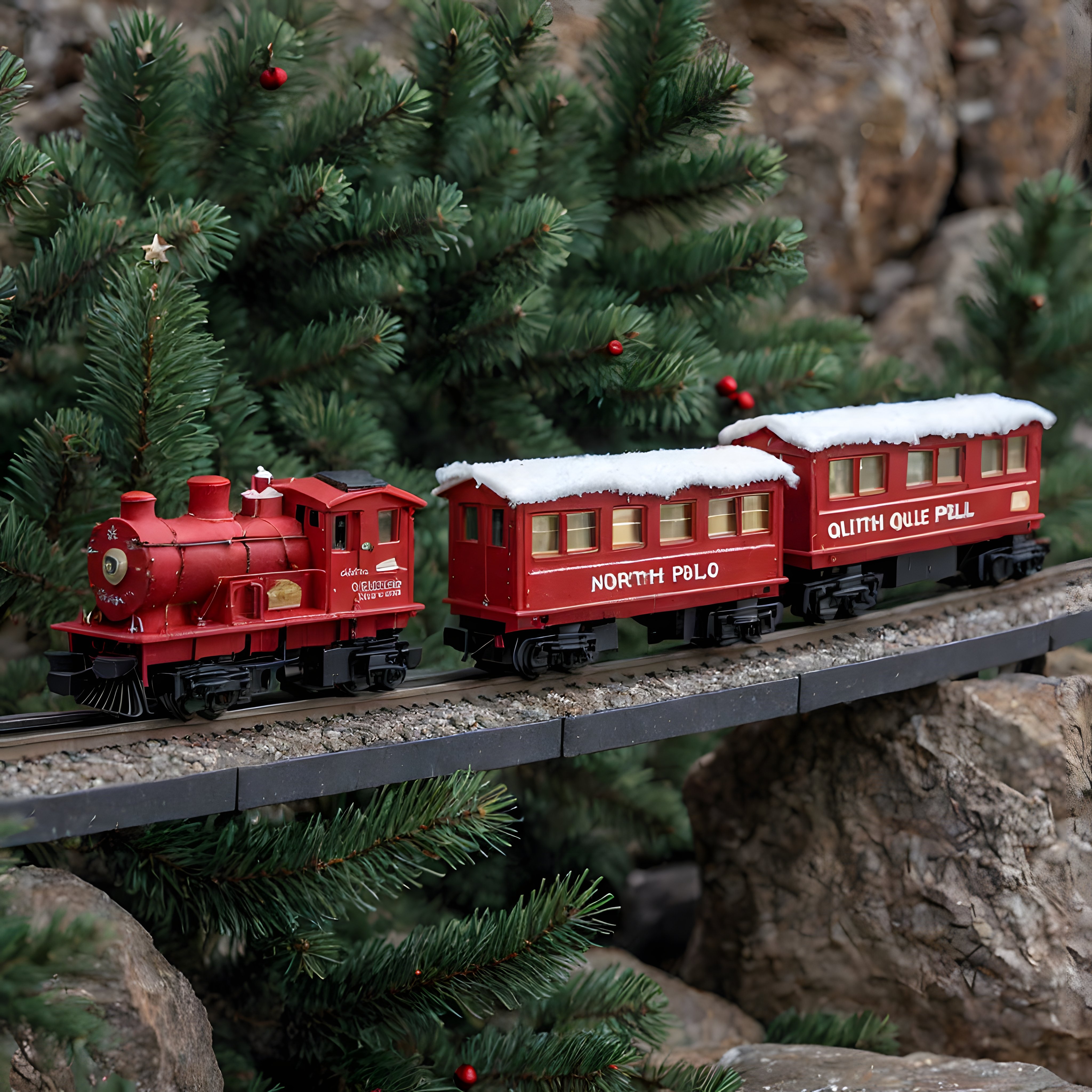Kırmızı Oyuncak Tren ve Noel Temalı Minyatür Tren Seti Kış Dekorasyonu