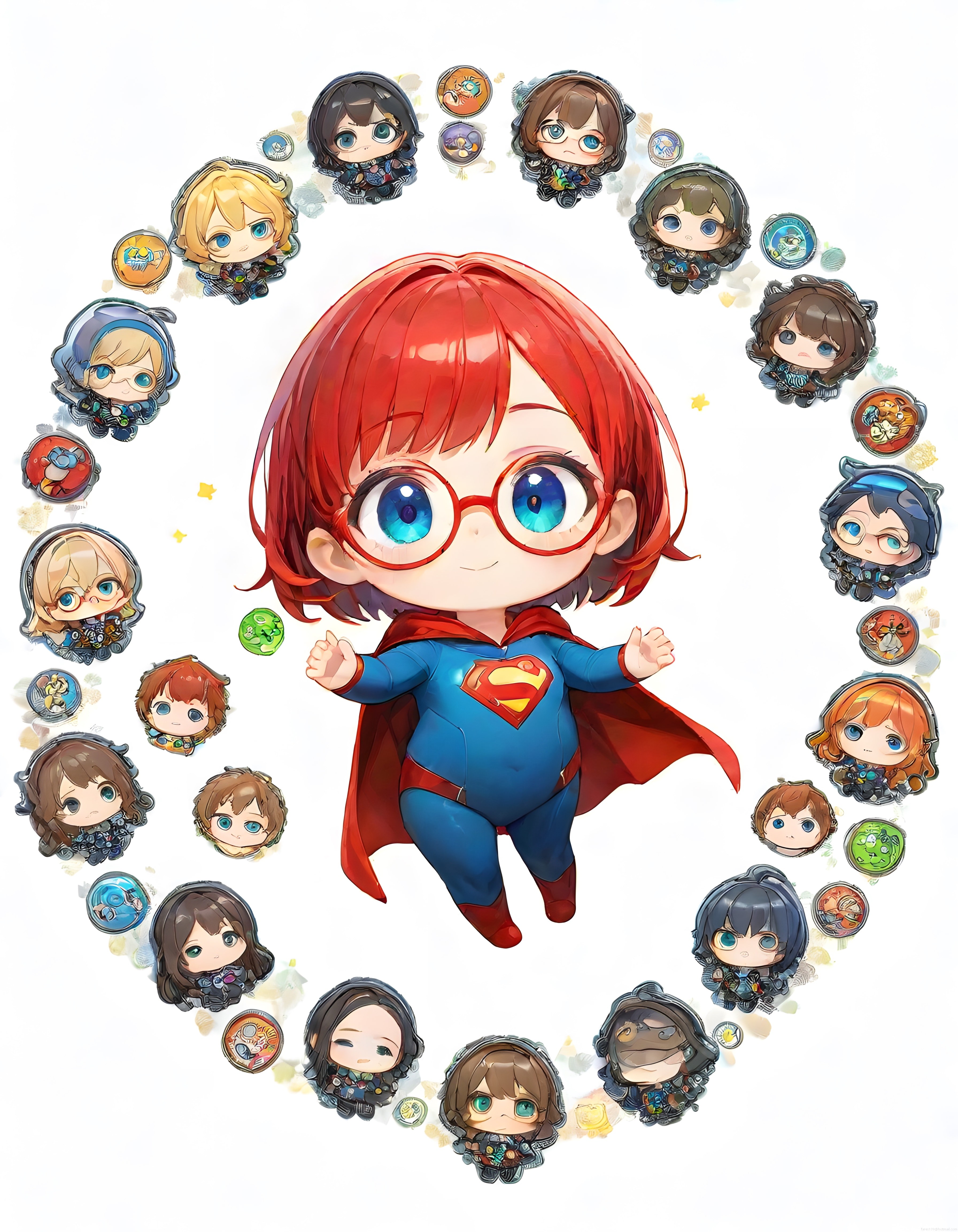 Kırmızı Pelerinli Chibi Kahraman ve Etrafındaki Anime Figürleri İllüstrasyonu