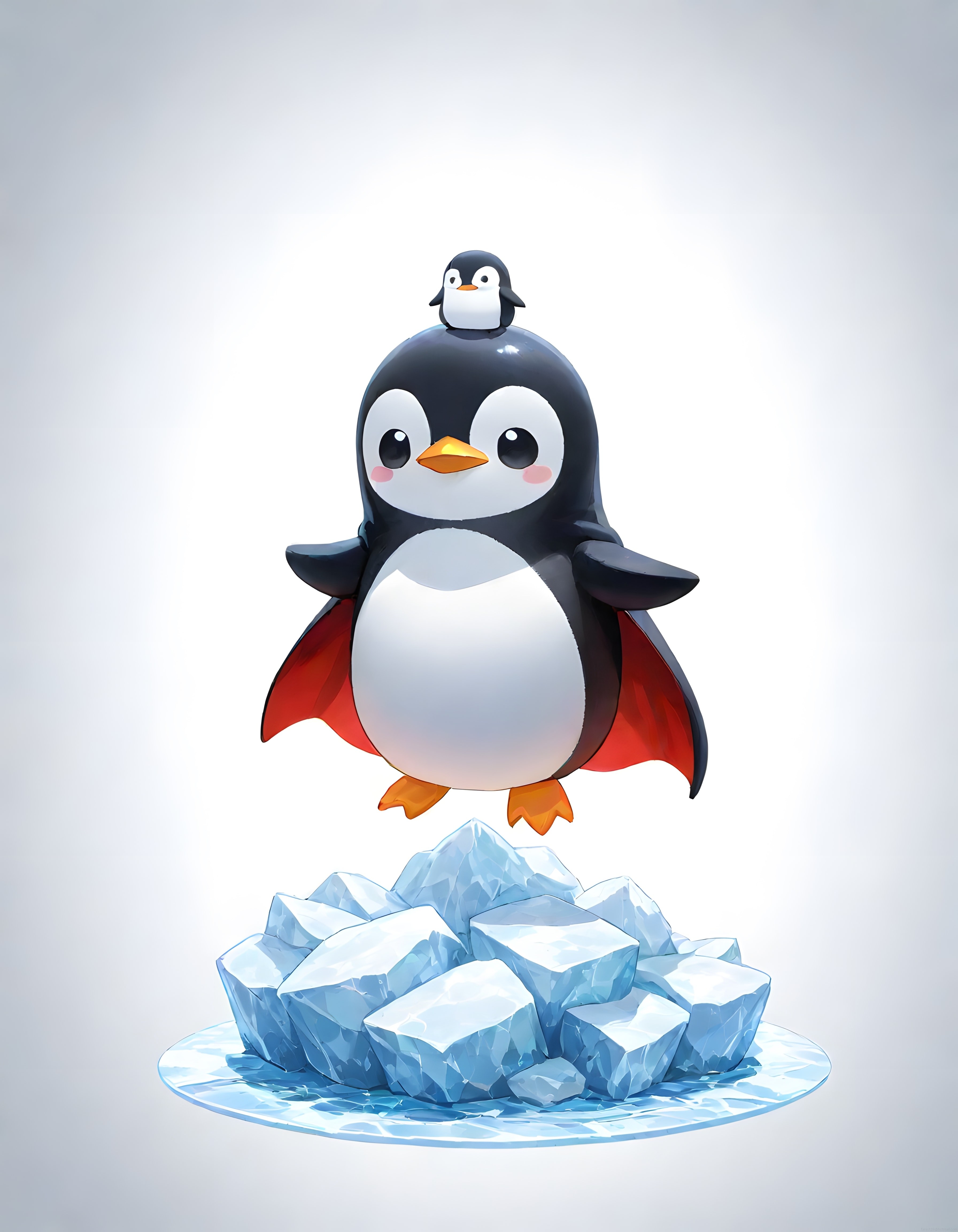 Kırmızı Pelerinli Kahraman Penguen ve Yavrusu Buz Kütlesinin Üzerinde