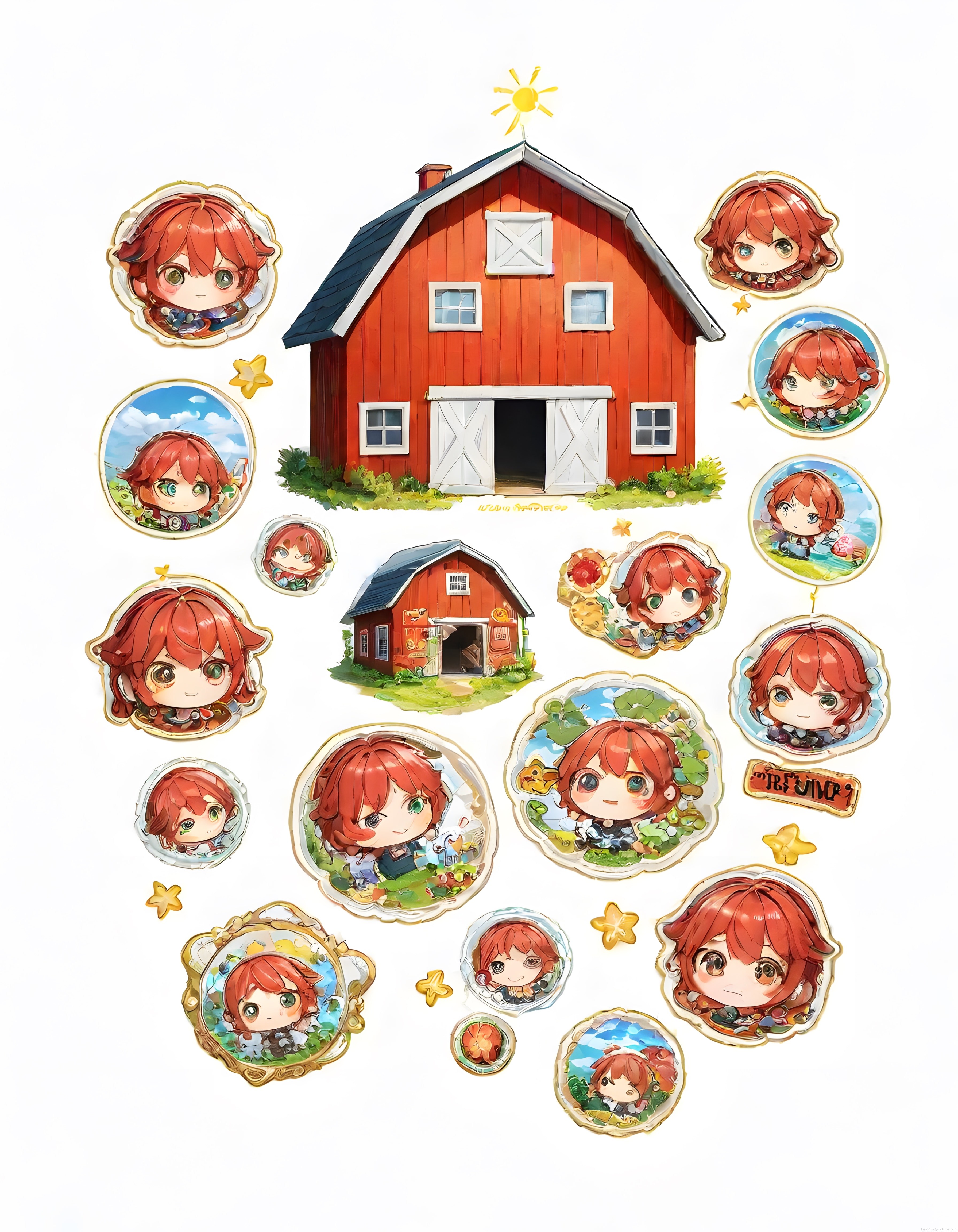 Kırmızı Saçlı Chibi Karakter ve Çiftlik Temalı Sevimli Anime Sticker Seti