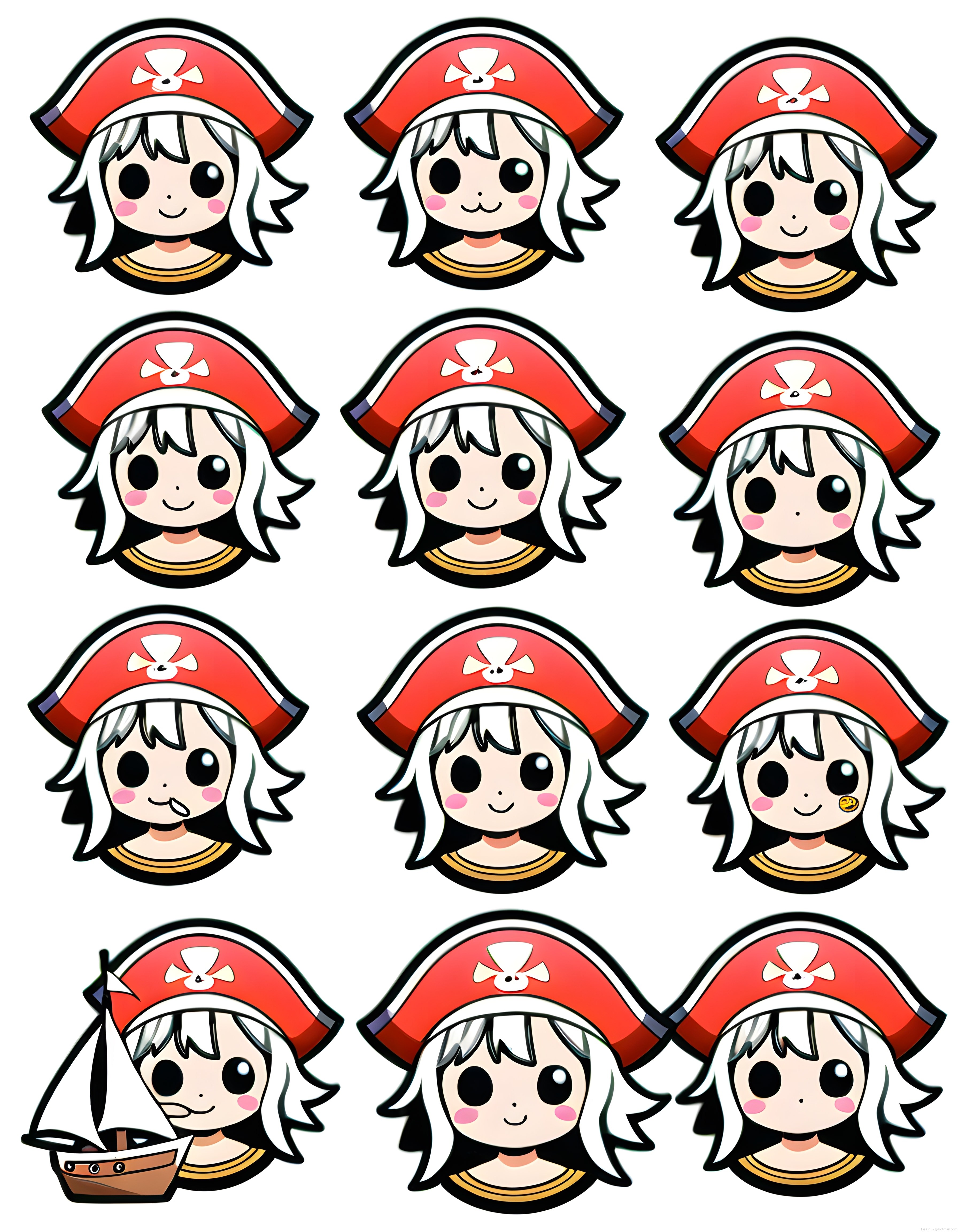 Kırmızı Şapkalı Sevimli Korsan Kız Chibi Emoji ve Anime Karakter İfade Seti