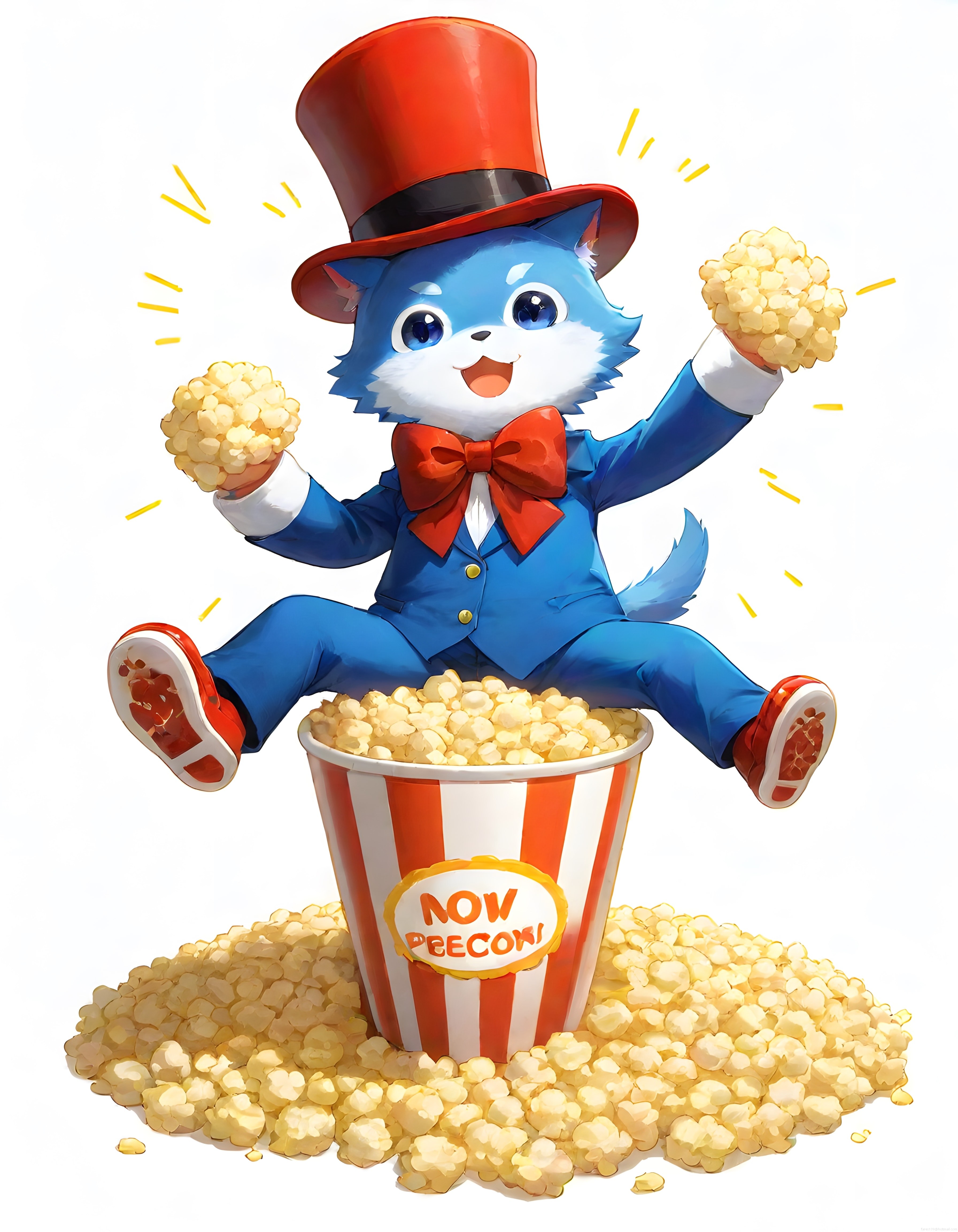 Kırmızı Şapkalı Sevimli Mavi Kedi Popcorn Kovasının Üzerinde Neşeyle Kutlama Yapıyor