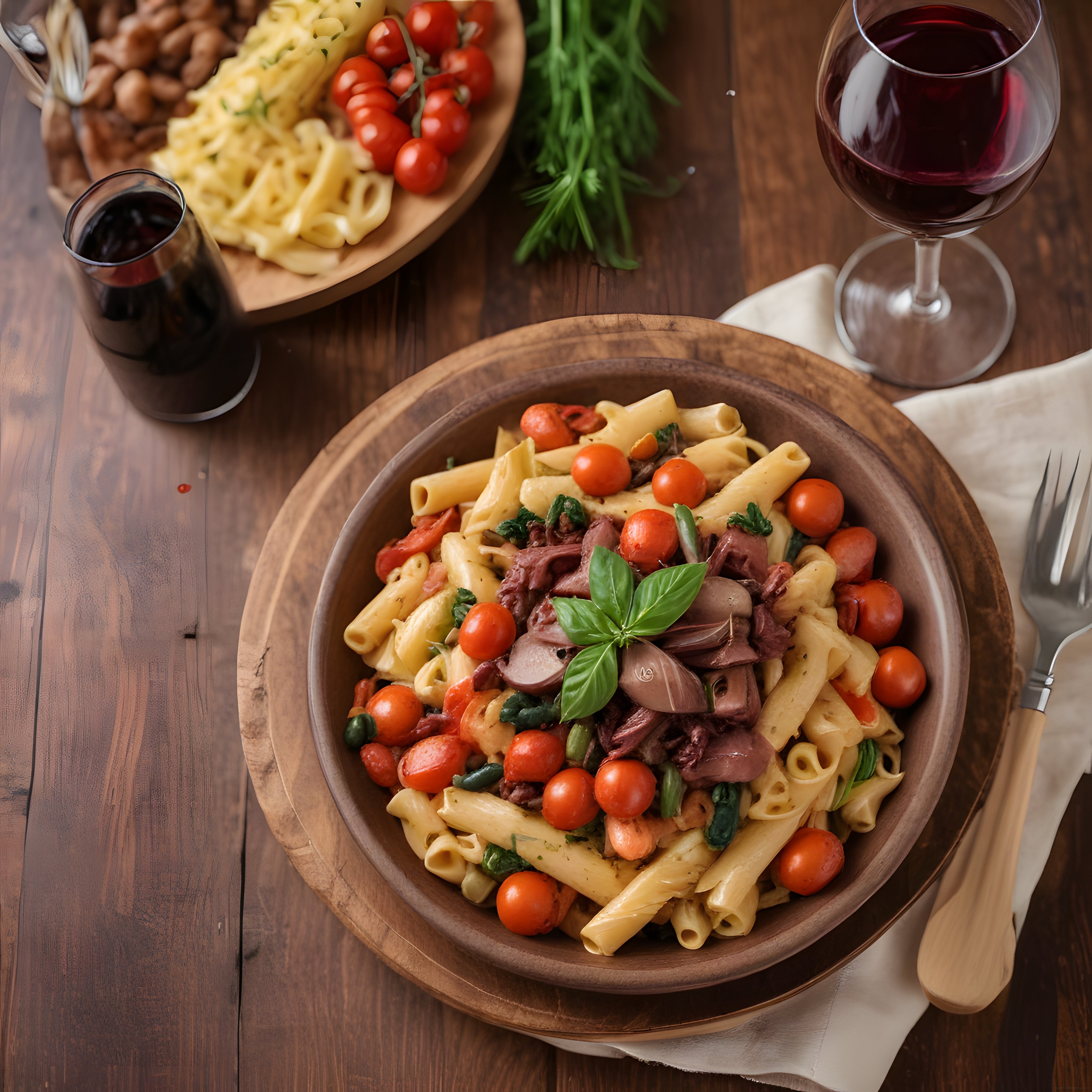 Kırmızı şarap eşliğinde ahşap kasede domatesli zeytinli penne makarna