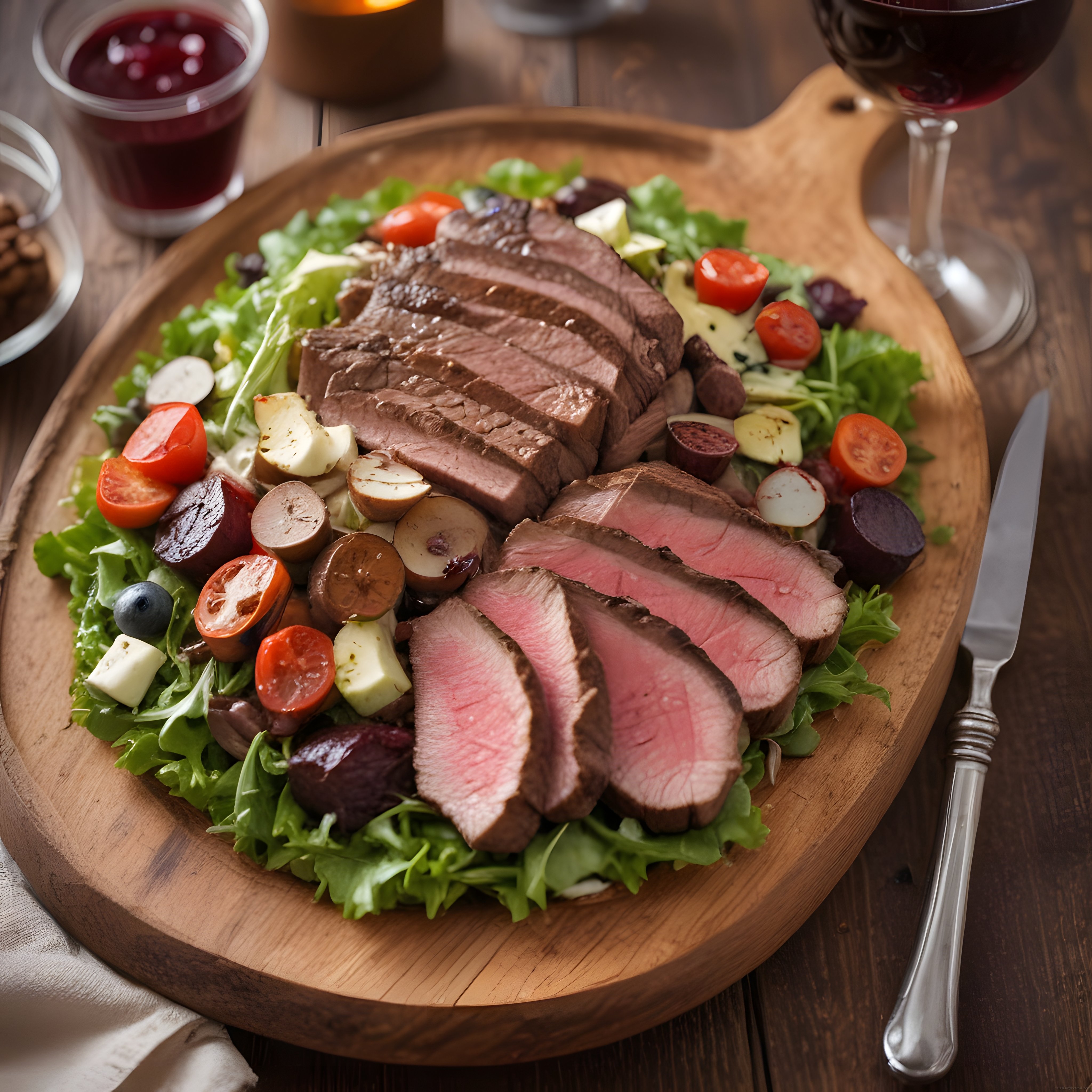 Kırmızı Şarap Eşliğinde Orta Pişmiş Biftek ve Gourmet Salata Sunumu