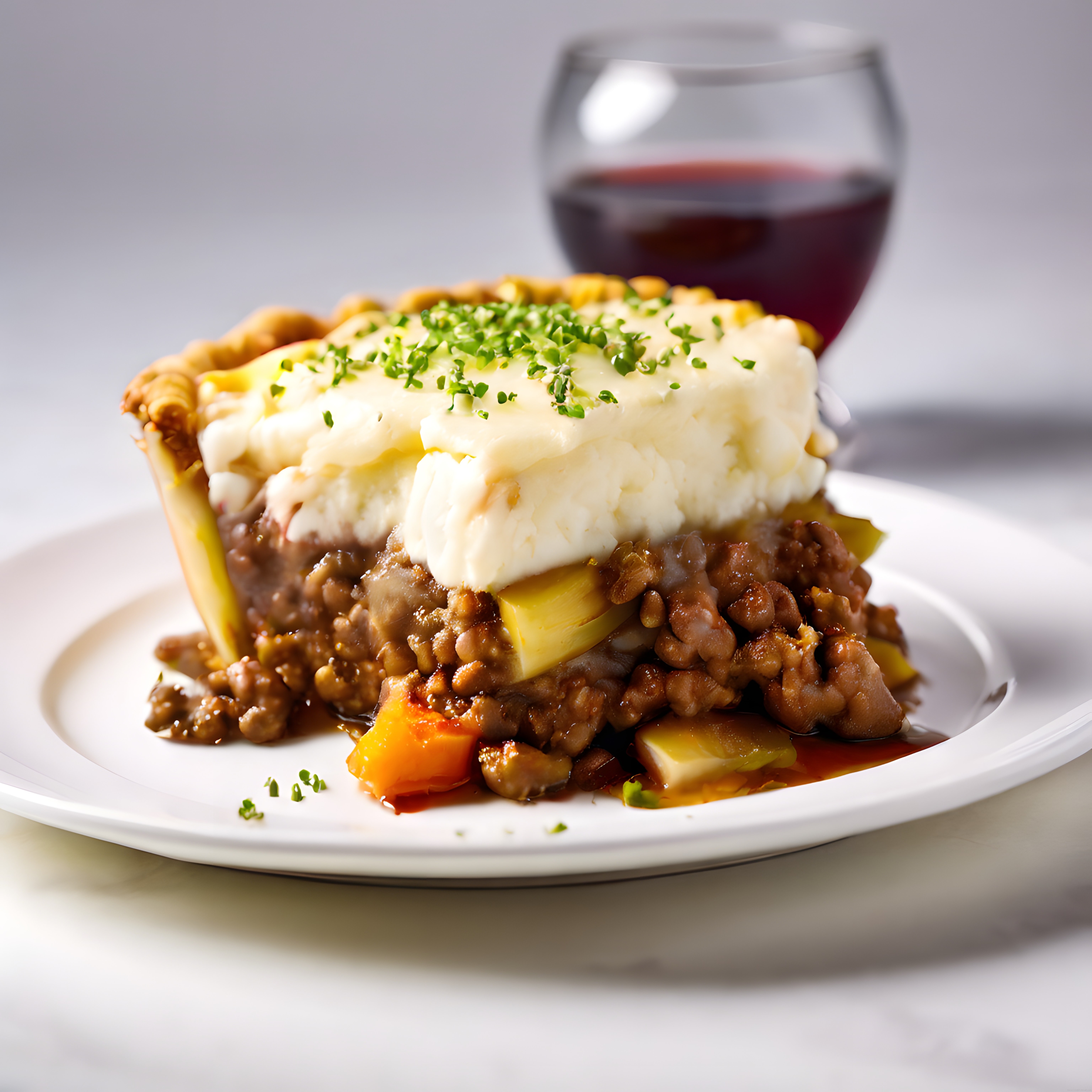 Kırmızı Şarap Eşliğinde Sunulan Kıymalı Patates Püreli Shepherd's Pie