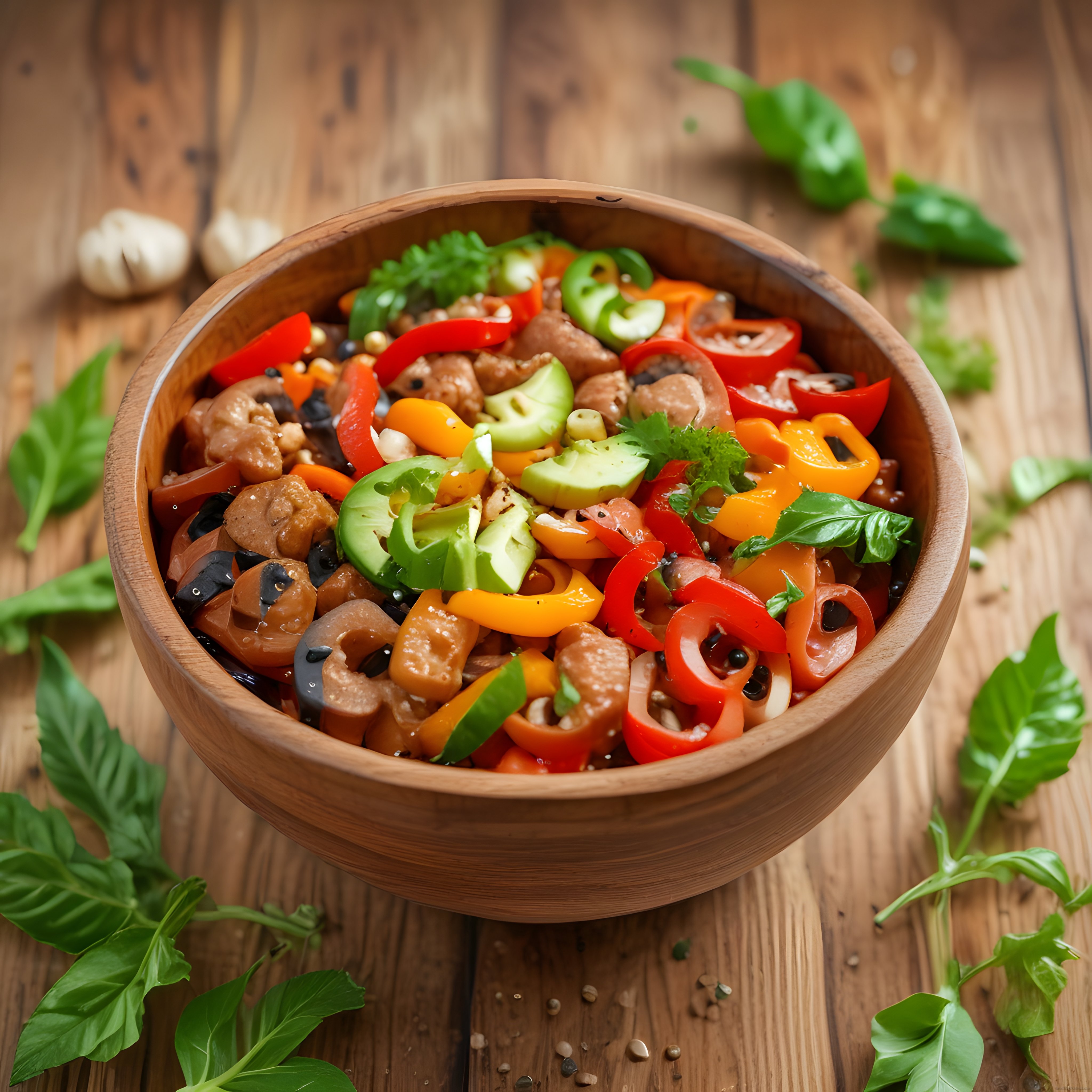 Kırmızı, sarı ve yeşil biberli avokadolu sebzeli salata, ahşap kasede