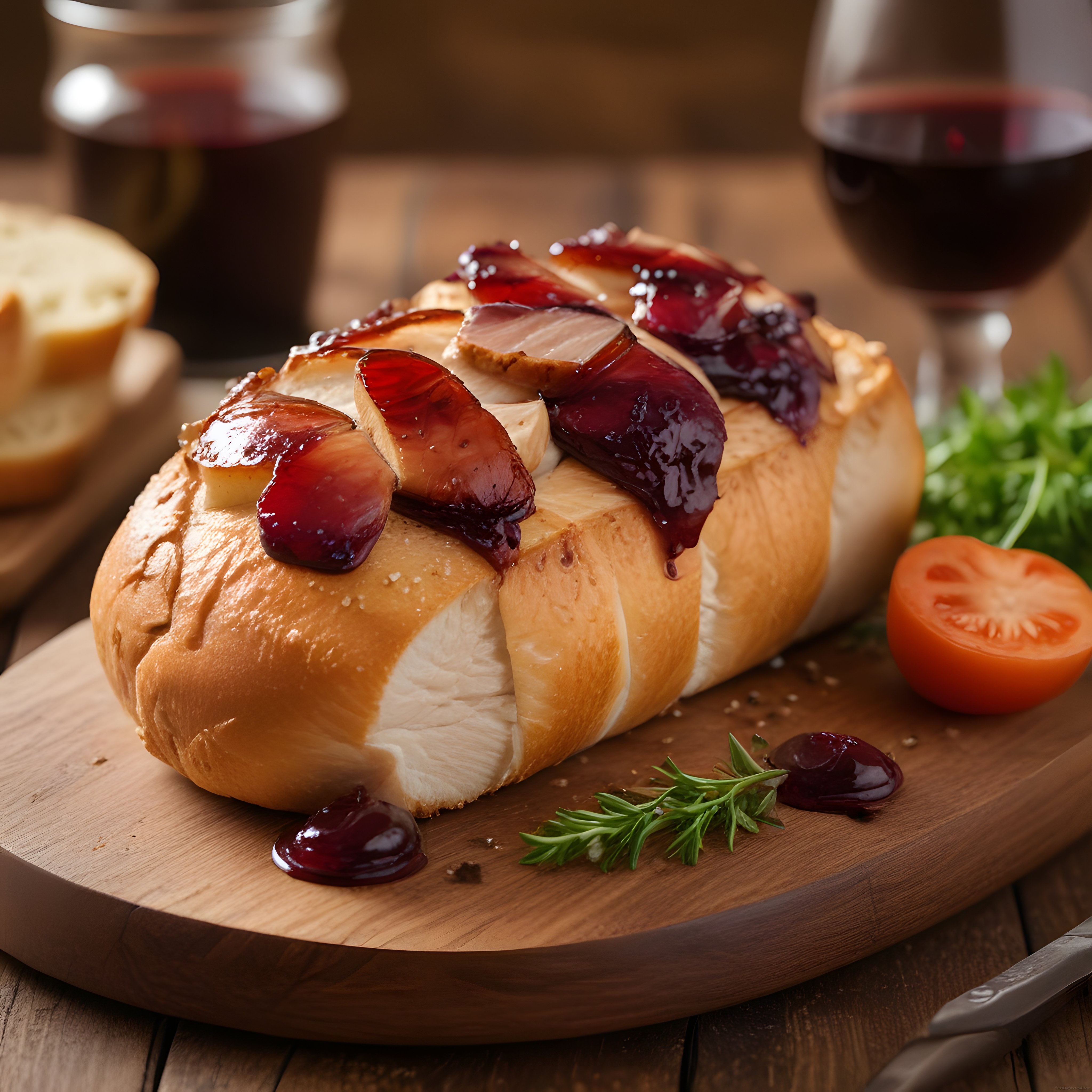 Kırmızı soslu dolgulu ekmek ve kadehte kırmızı şarap, masa servisi