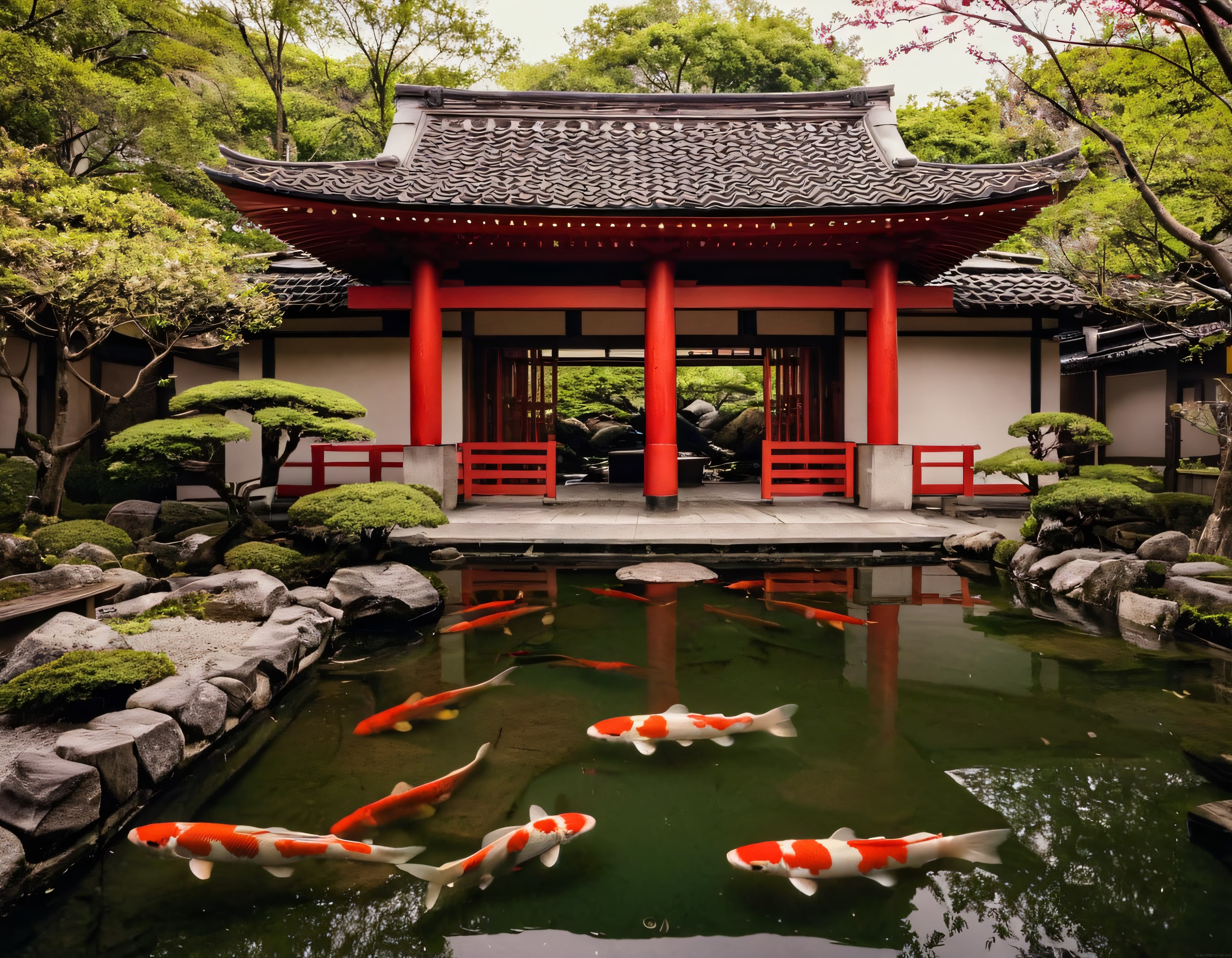 Kırmızı Sütunlu Geleneksel Japon Tapınağı ve Koi Balıklı Zen Bahçesi
