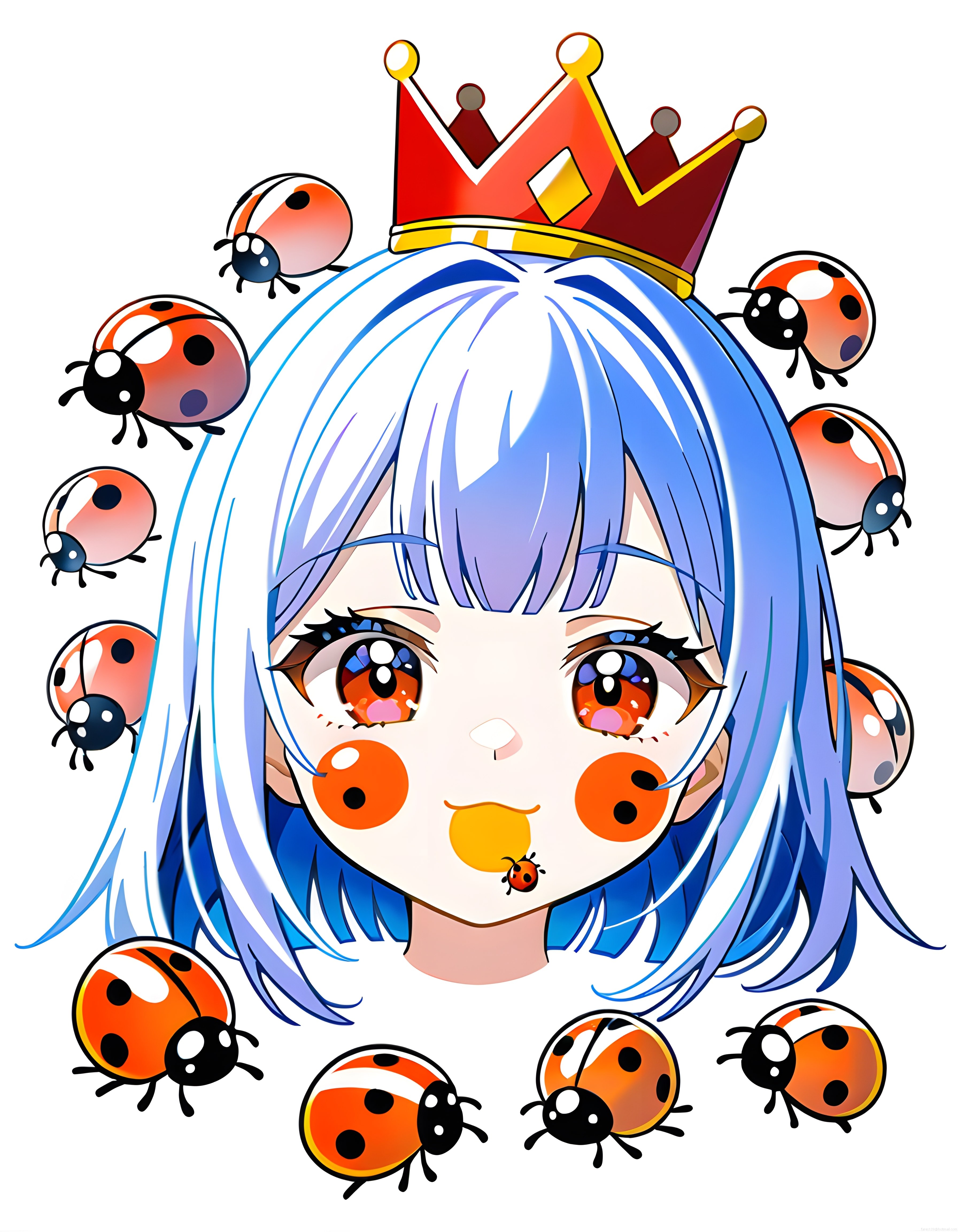 Kırmızı Taçlı Mavi Saçlı Anime Prenses ve Uğur Böcekleri Dijital Sanat
