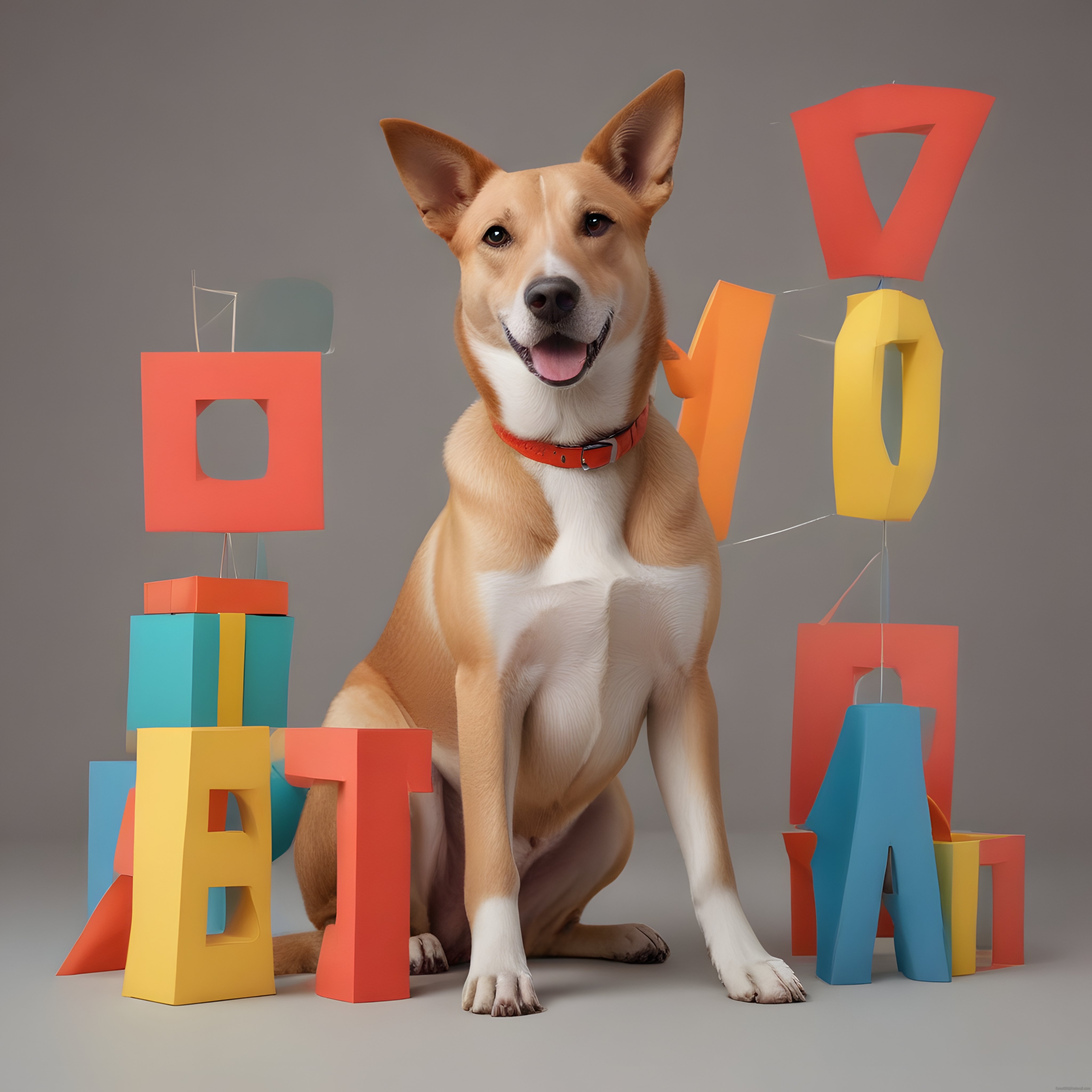Kırmızı Tasmasıyla Sevimli Köpek ve Renkli Geometrik Harf Portresi