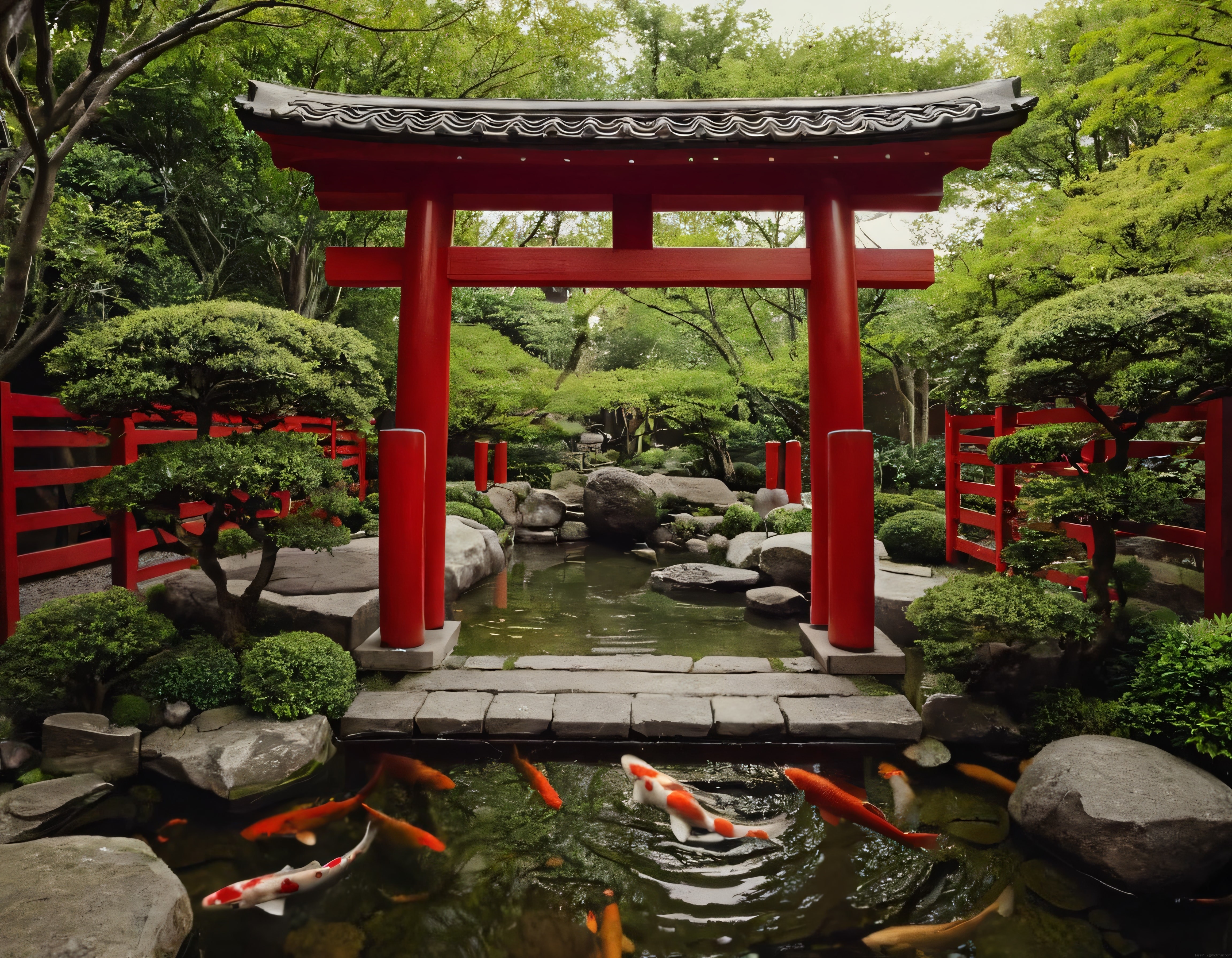 Kırmızı Torii Kapısı ve Koi Balıklı Huzurlu Japon Bahçesi Manzarası