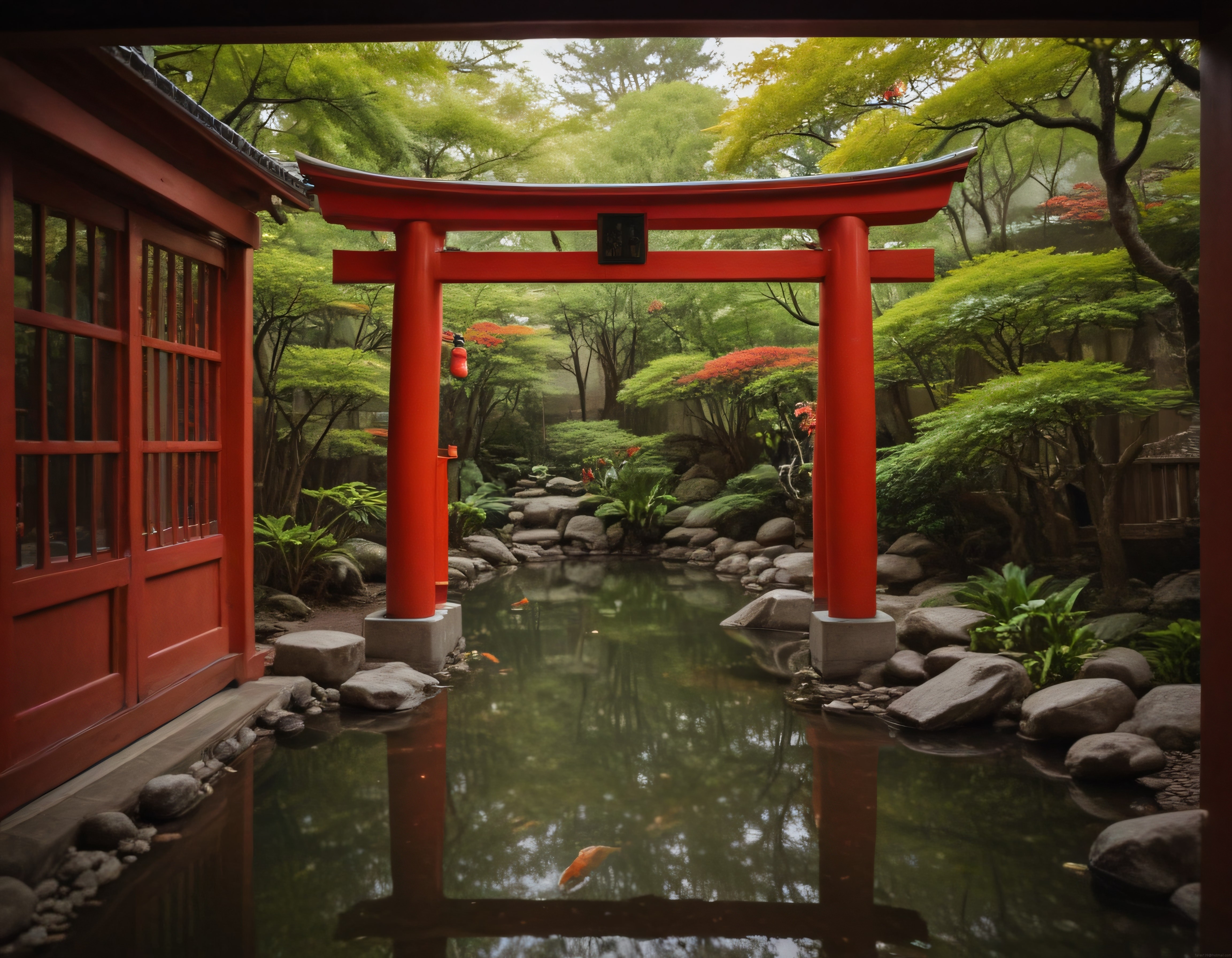 Kırmızı Torii Kapısının Önünde Mistik Japon Bahçesi ve Gölet Manzarası