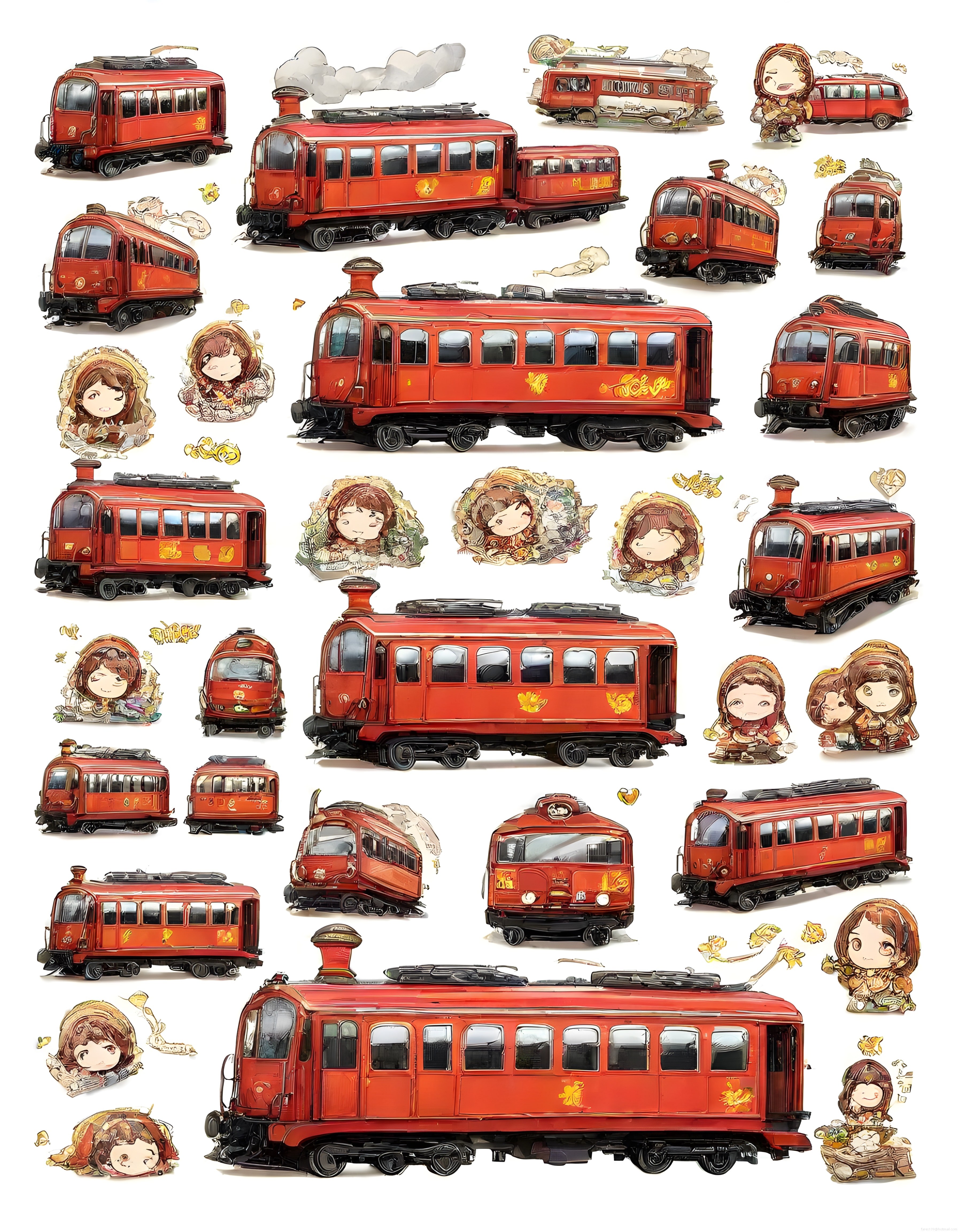 Kırmızı Tramvay ve Sevimli Anime Kızlarından Oluşan Suluboya Sticker Koleksiyonu