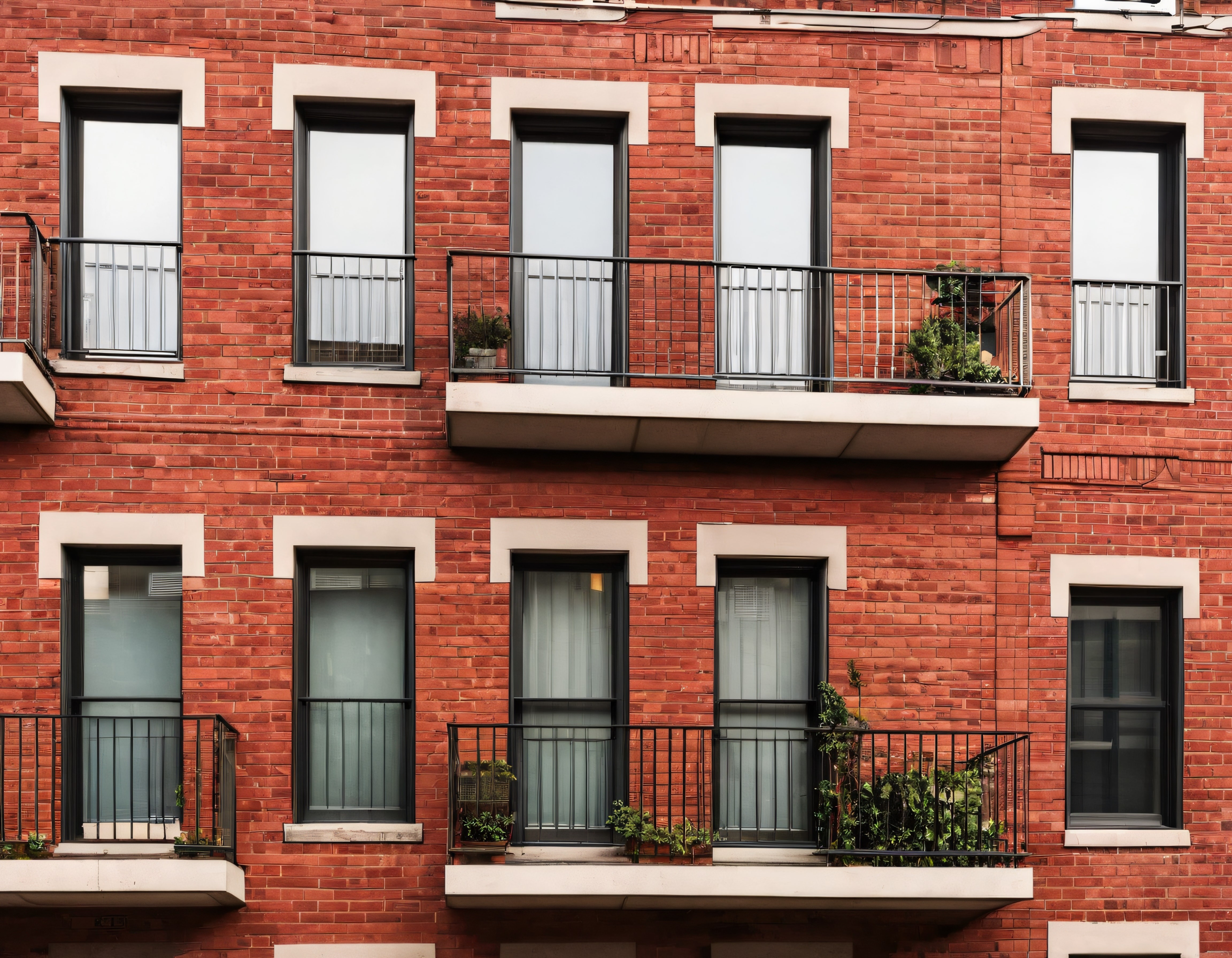 Kırmızı Tuğla Apartman Cephesi ve Siyah Metal Balkonların Simetrik Görünümü