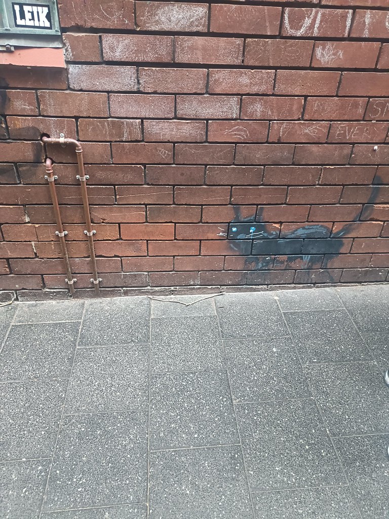 Kırmızı tuğla duvardaki siyah balina graffitisi ve sokak detayları