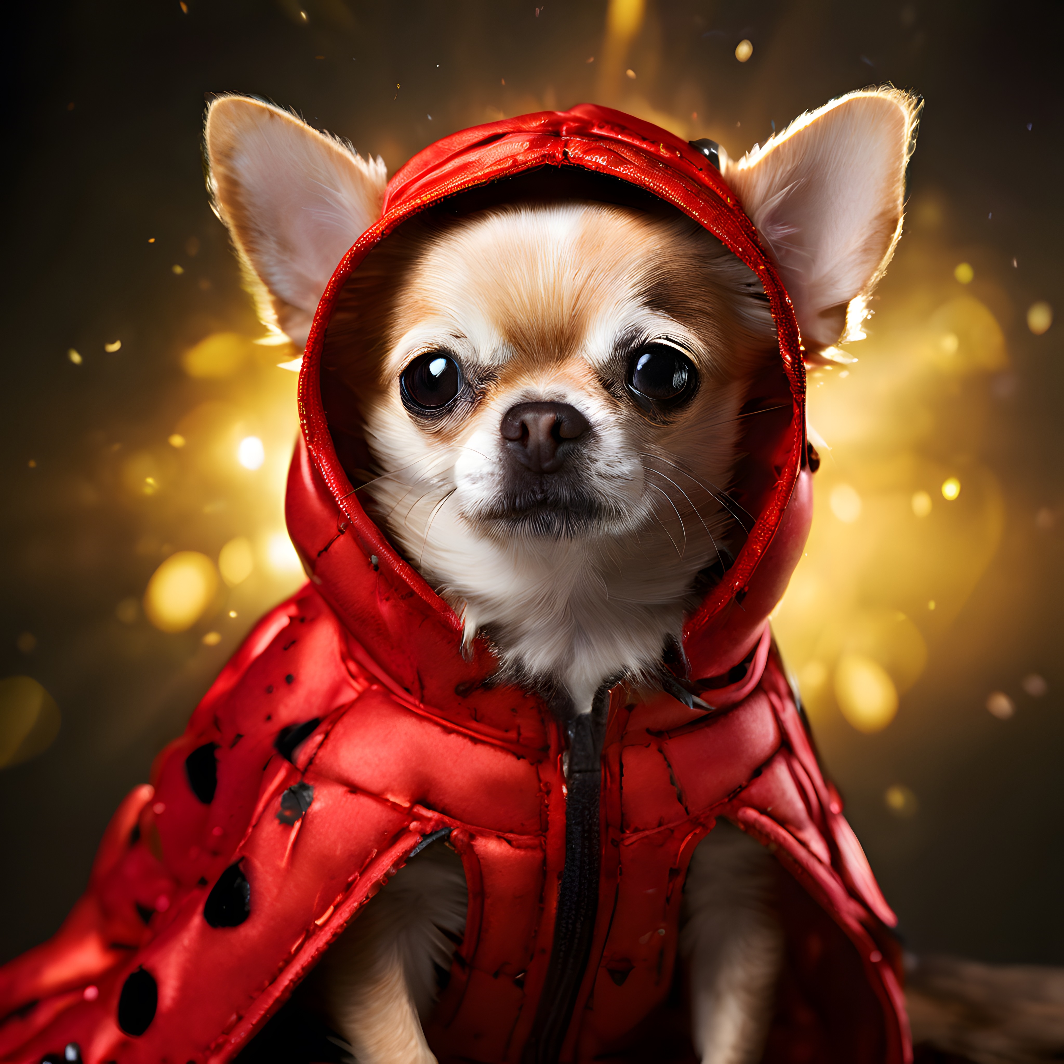 Kırmızı Uğur Böceği Montlu Sevimli Chihuahua Köpek Portresi Altın Bokeh Arka Planlı