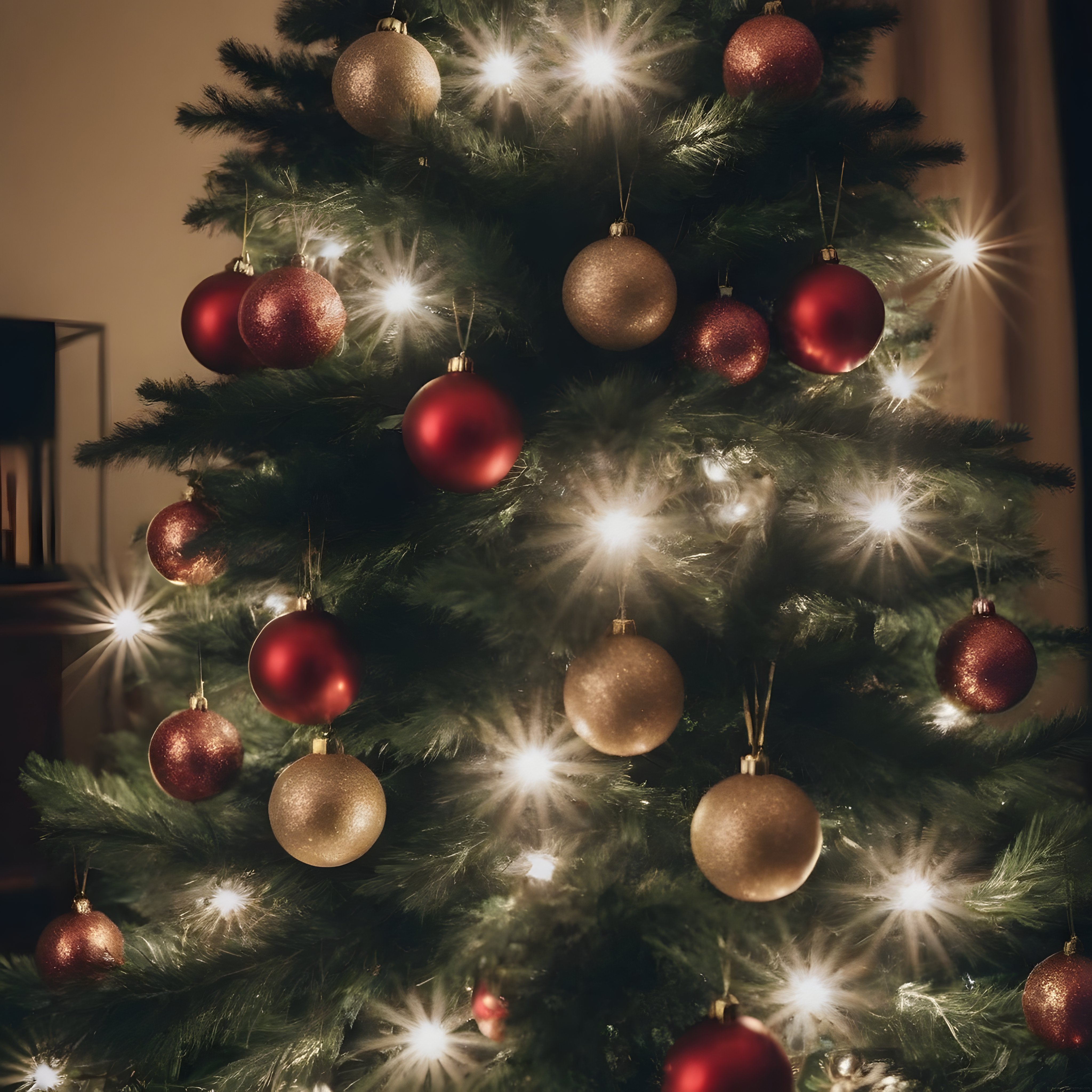 Kırmızı ve Altın Süslerle Süslenmiş Işıltılı Noel Ağacı ve Sıcacık Yılbaşı Atmosferi