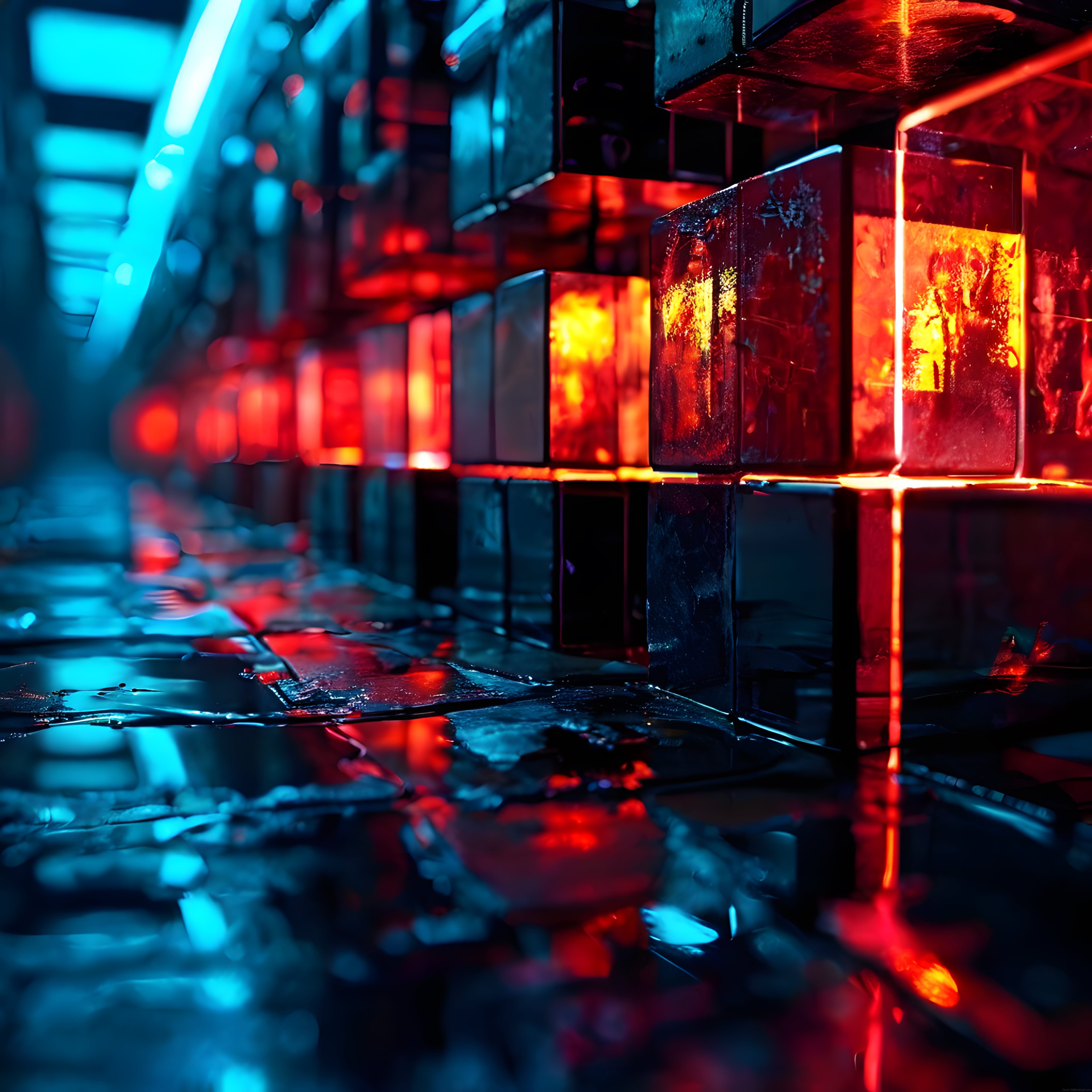 Kırmızı ve Mavi Neon Işıklarla Aydınlanmış Yağmurlu Gece Sokak Manzarası