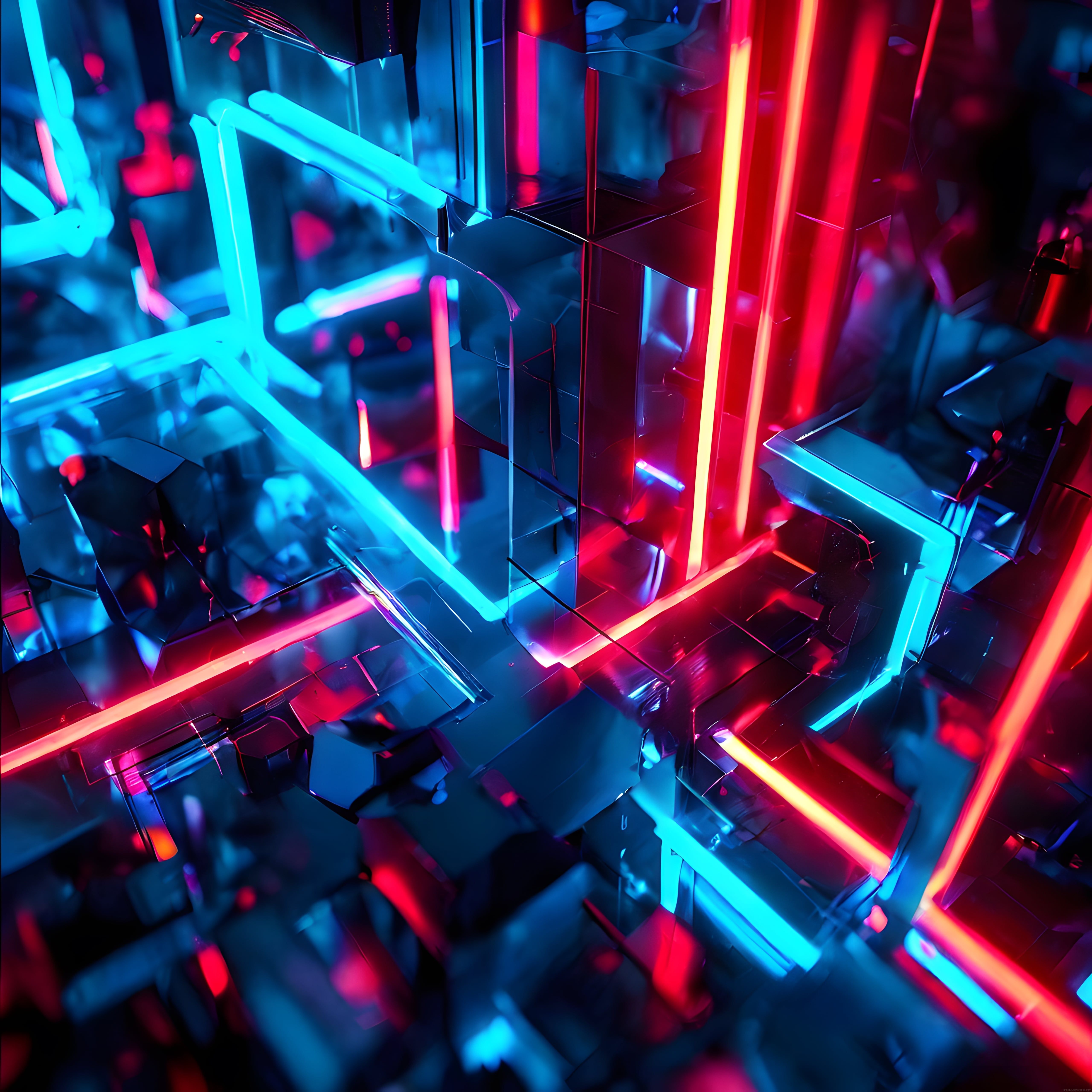 Kırmızı ve mavi neonların parçalanmış cam bloklardaki soyut ışık oyunu