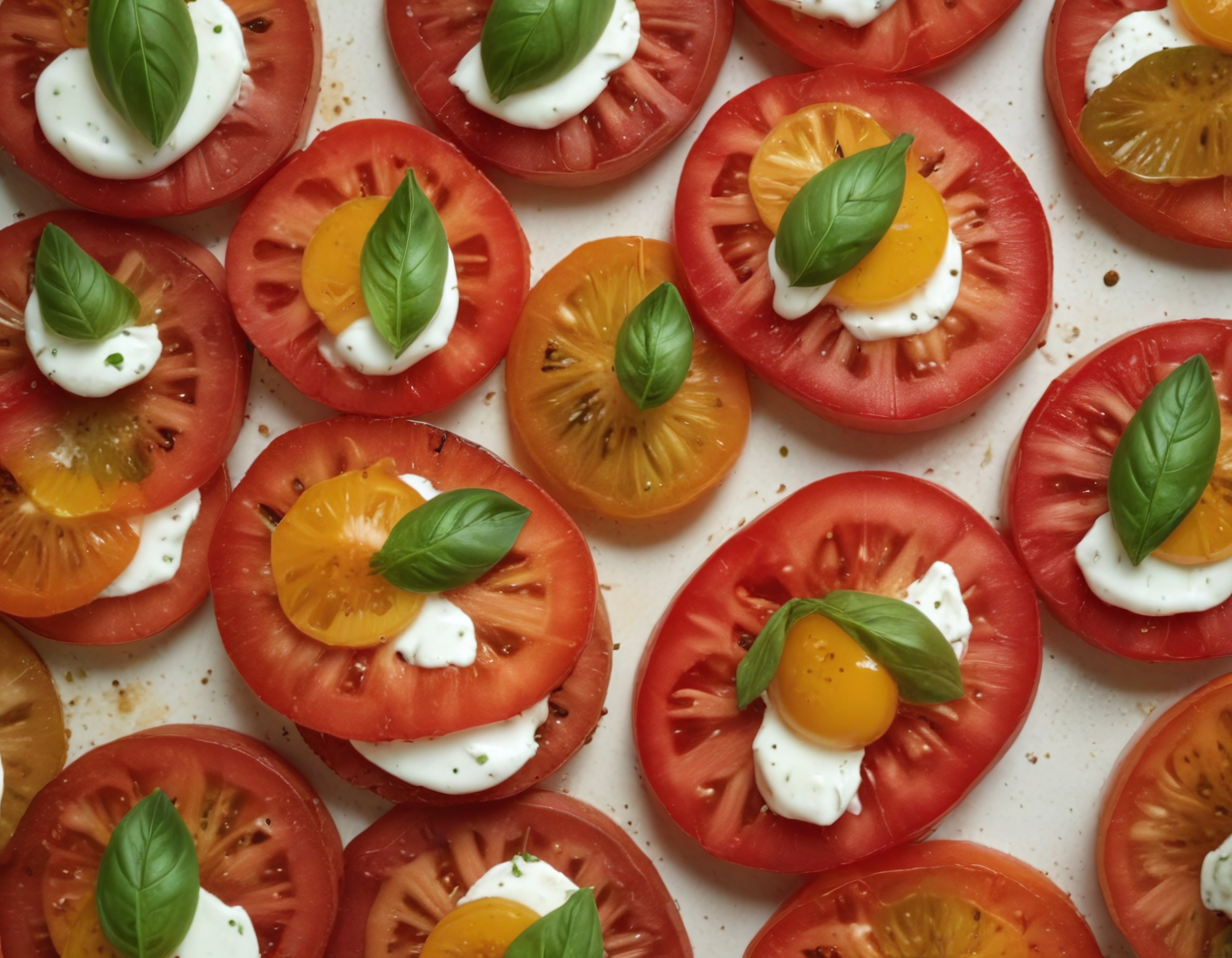 Kırmızı ve Sarı Domates Dilimleriyle Hazırlanmış Taze Fesleğenli Caprese Salatası