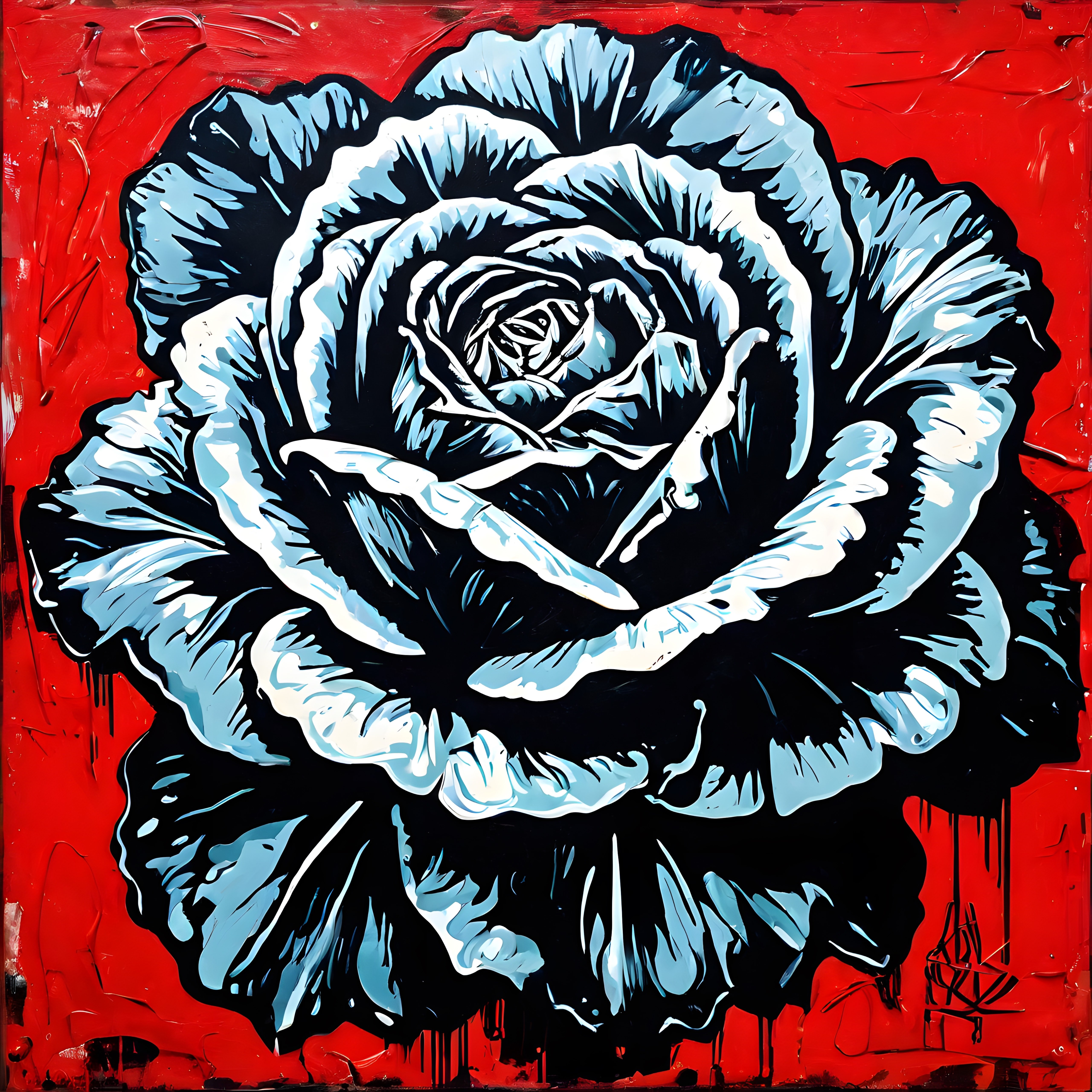 Kırmızı zemin üzerinde siyah buz mavisi grafiti stili büyük gül tablosu