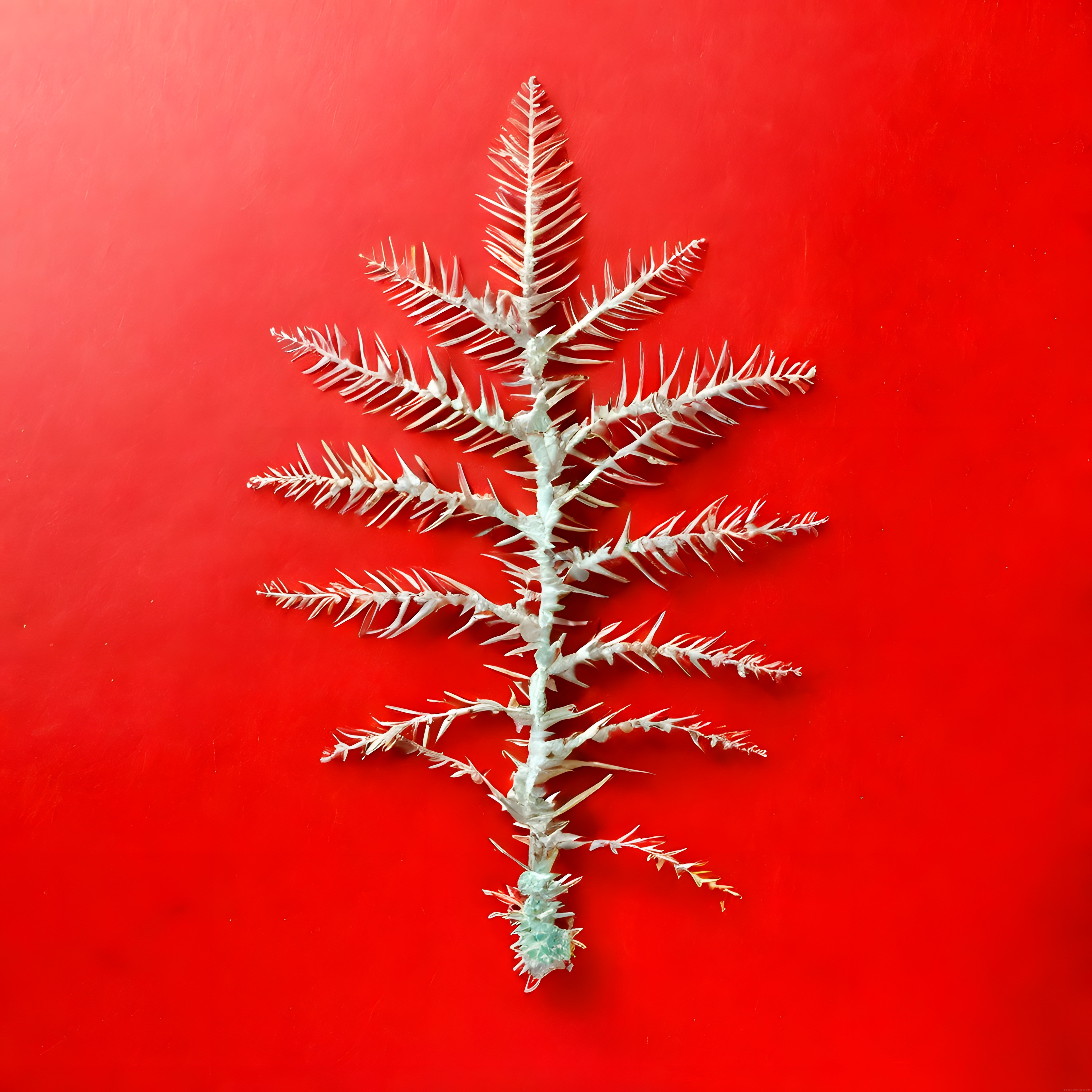 Kırmızı zeminde beyaz balık iskeletinin sanatsal ve minimalist kompozisyonu