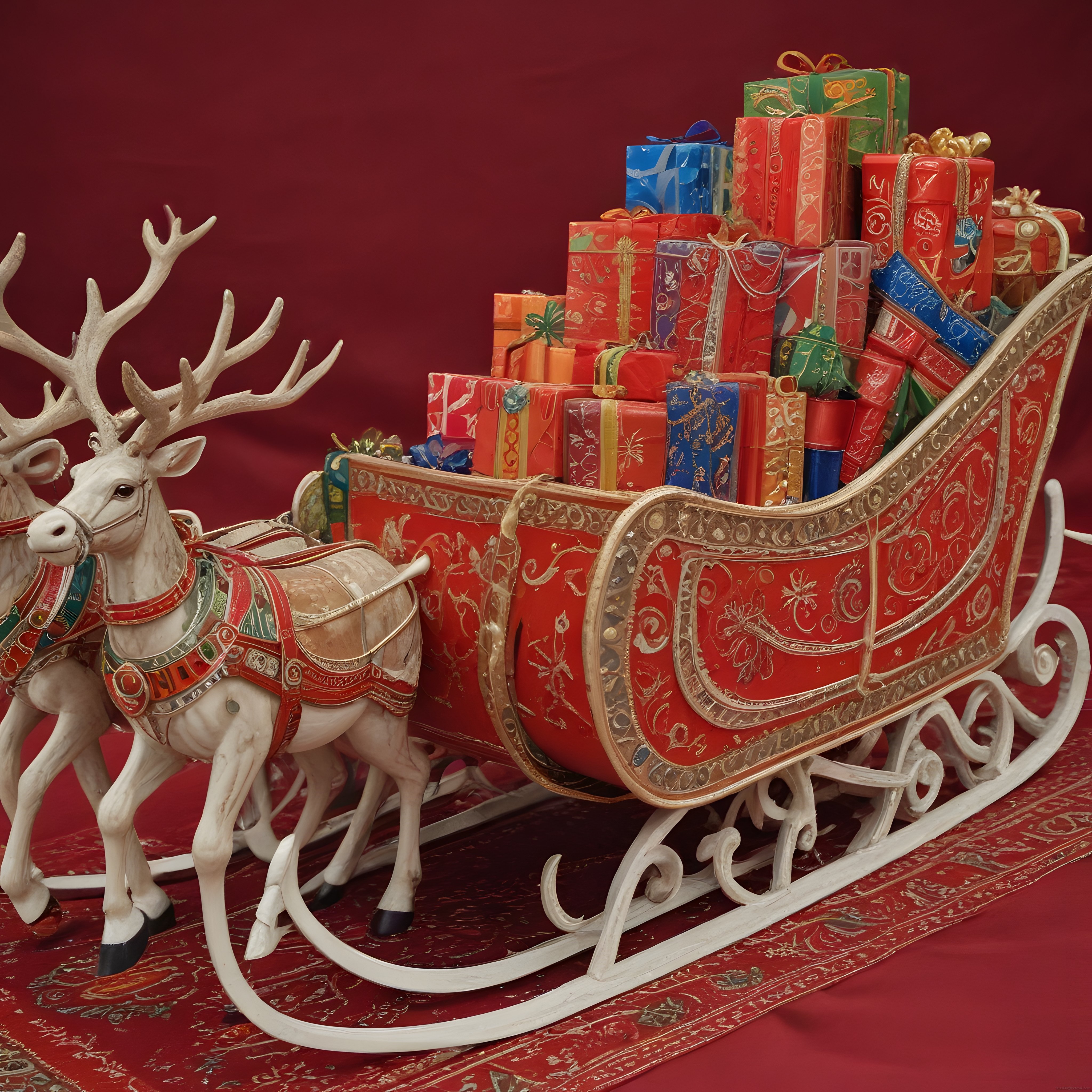 Kırmızı Zeminde Geyiklerin Çektiği Süslü Noel Kızağı ve Dolu Hediye Kutuları