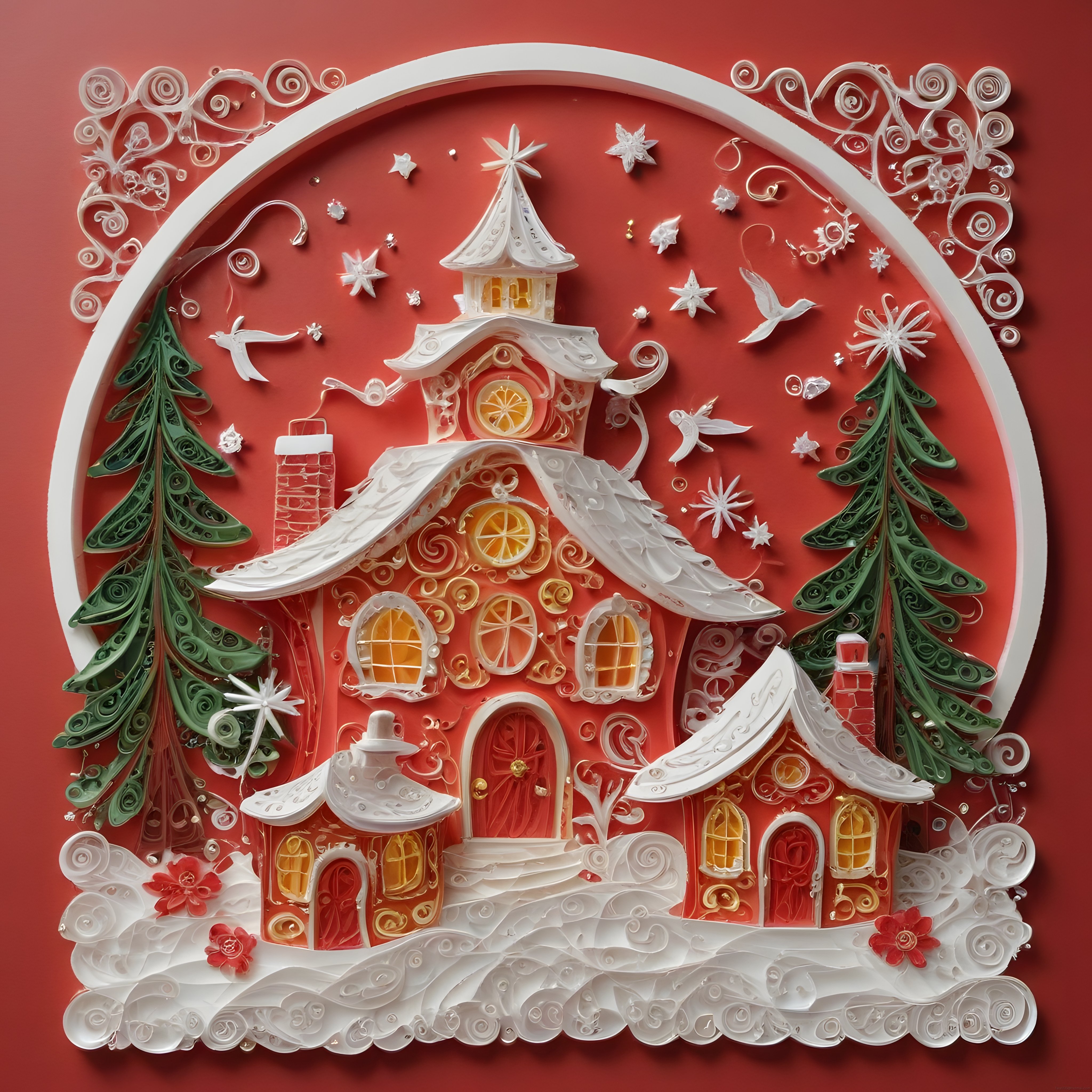 Kırmızı Zeminde Quilling Tekniğiyle Yapılmış Yılbaşı Evi ve Çam Ağaçları